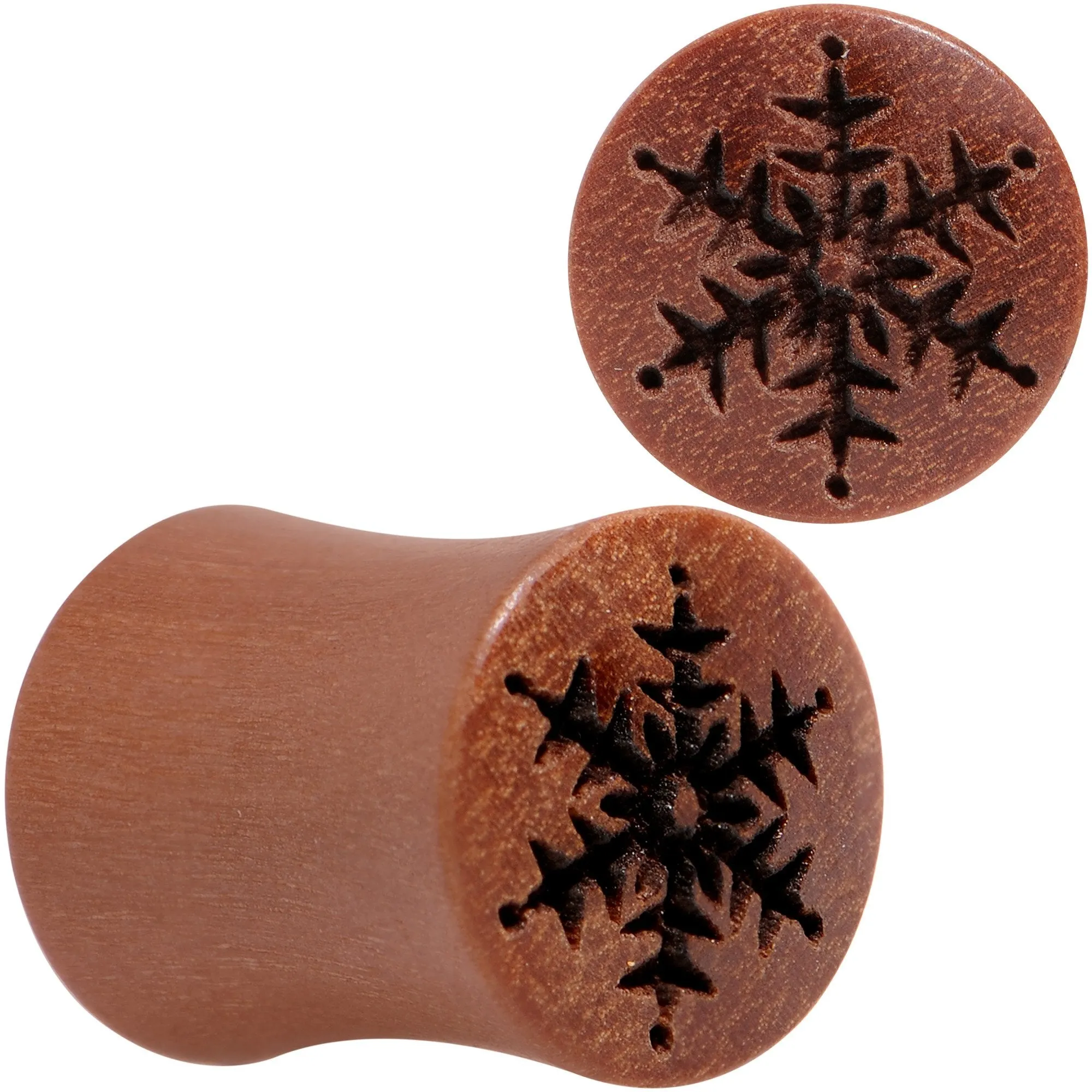 Organic Sawo Wood Holiday Winter Snowflake Saddle Plug Set Sizes 8mm to 25mm