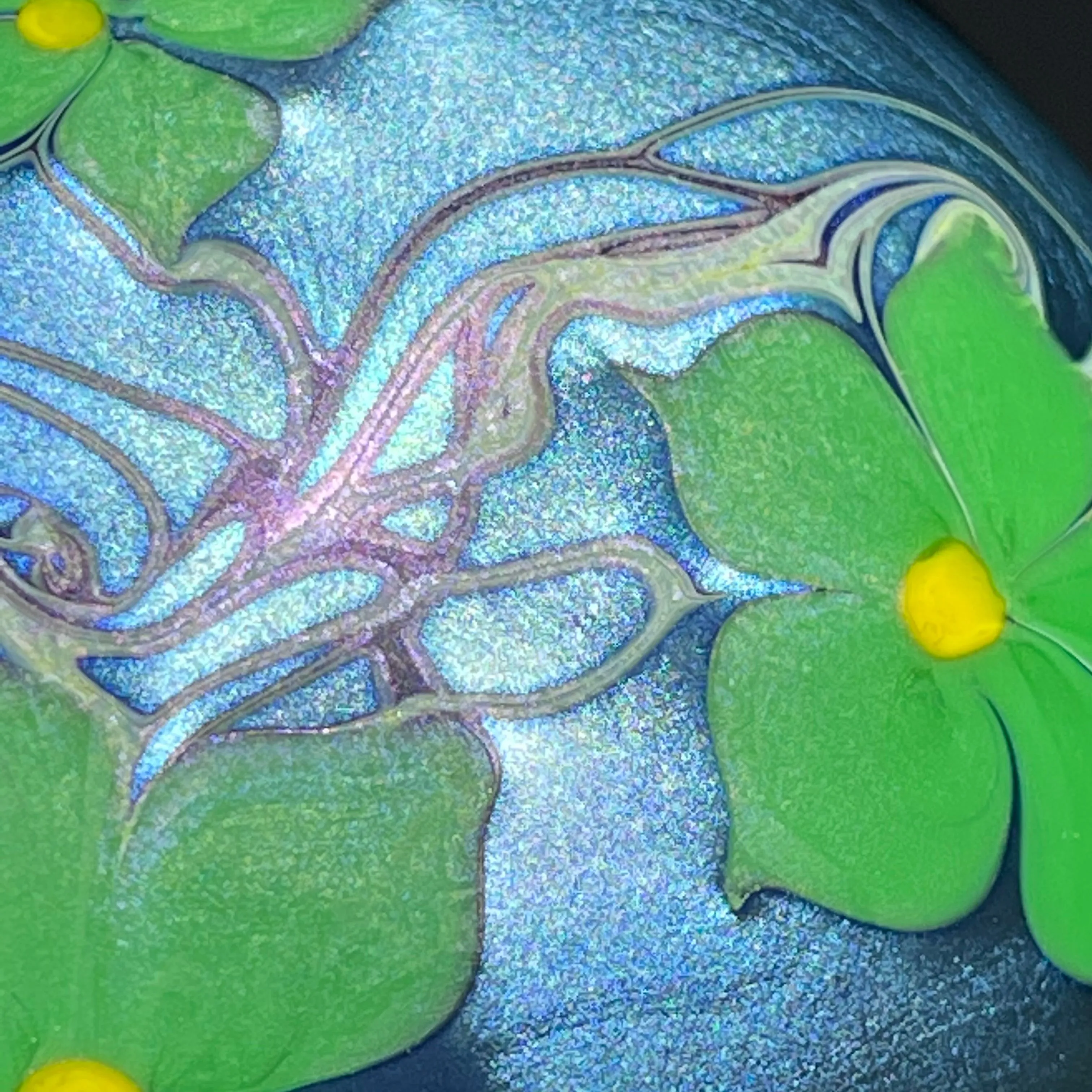 Orient & Flume 1975 Torchwork Surface Decorated Flowers on Iridescent Blue