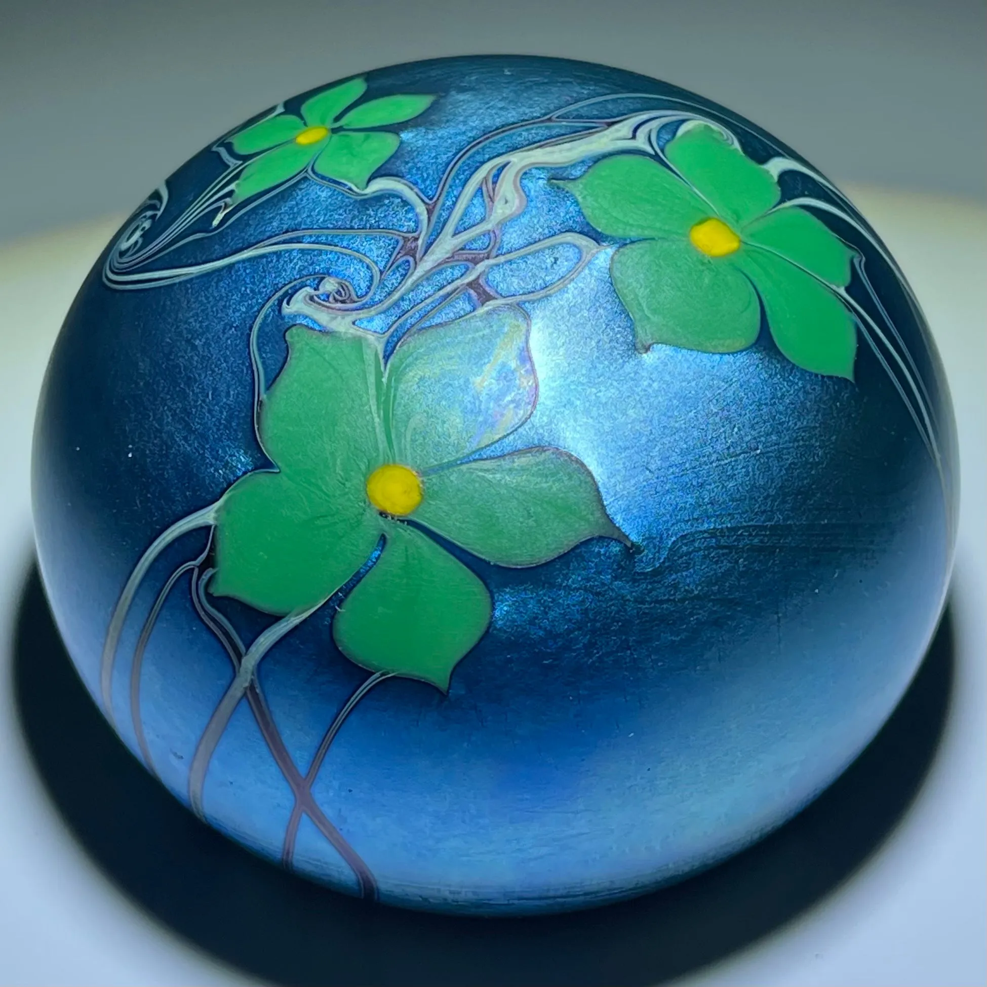 Orient & Flume 1975 Torchwork Surface Decorated Flowers on Iridescent Blue