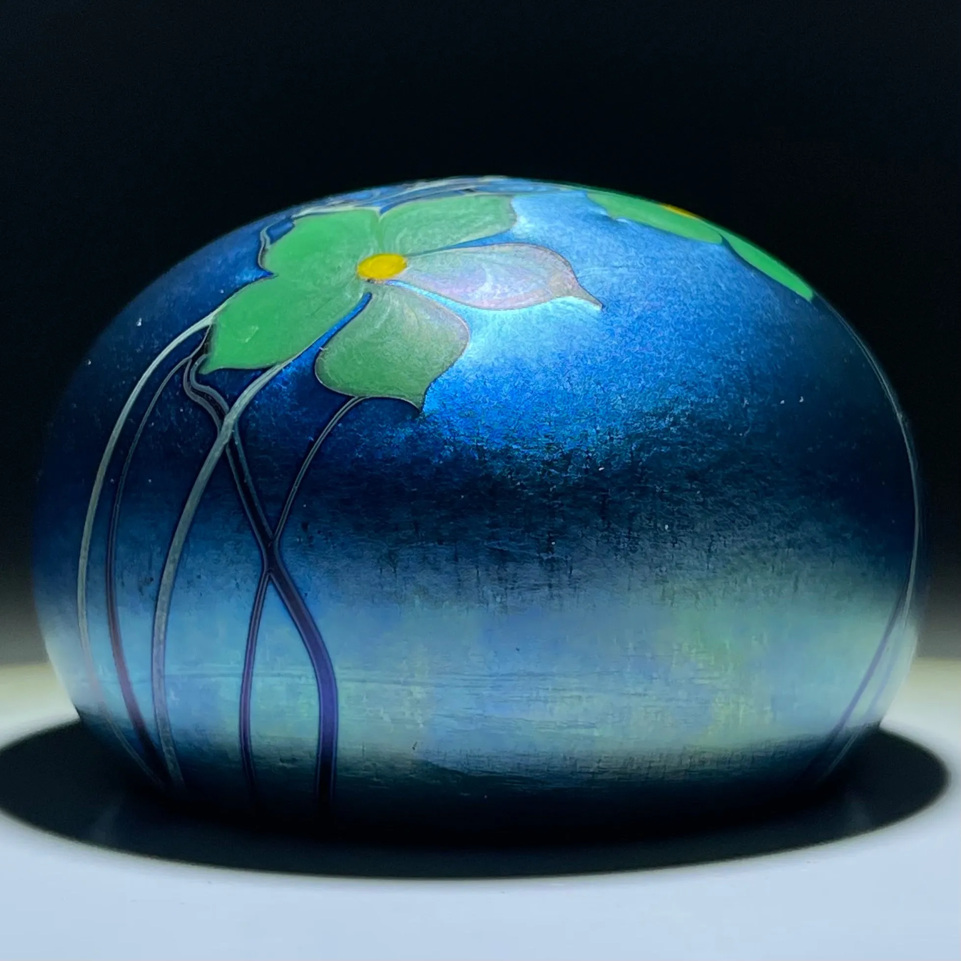 Orient & Flume 1975 Torchwork Surface Decorated Flowers on Iridescent Blue
