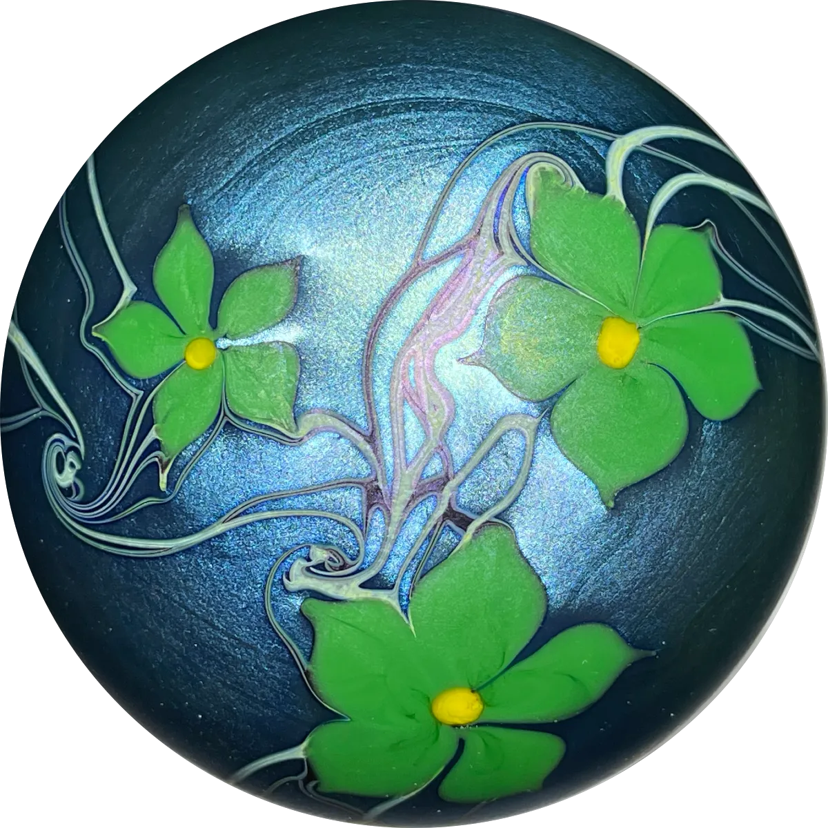 Orient & Flume 1975 Torchwork Surface Decorated Flowers on Iridescent Blue