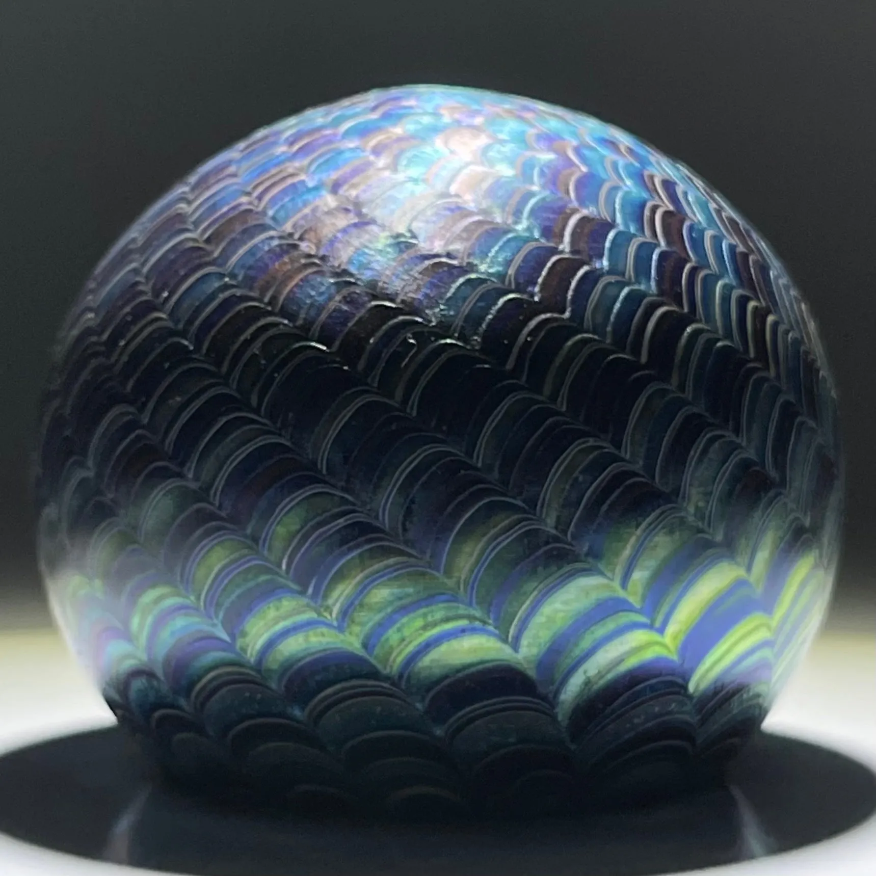 Orient & Flume 1978 Blue Iridescent Surface Decorated Torchwork Crown Style Paperweight