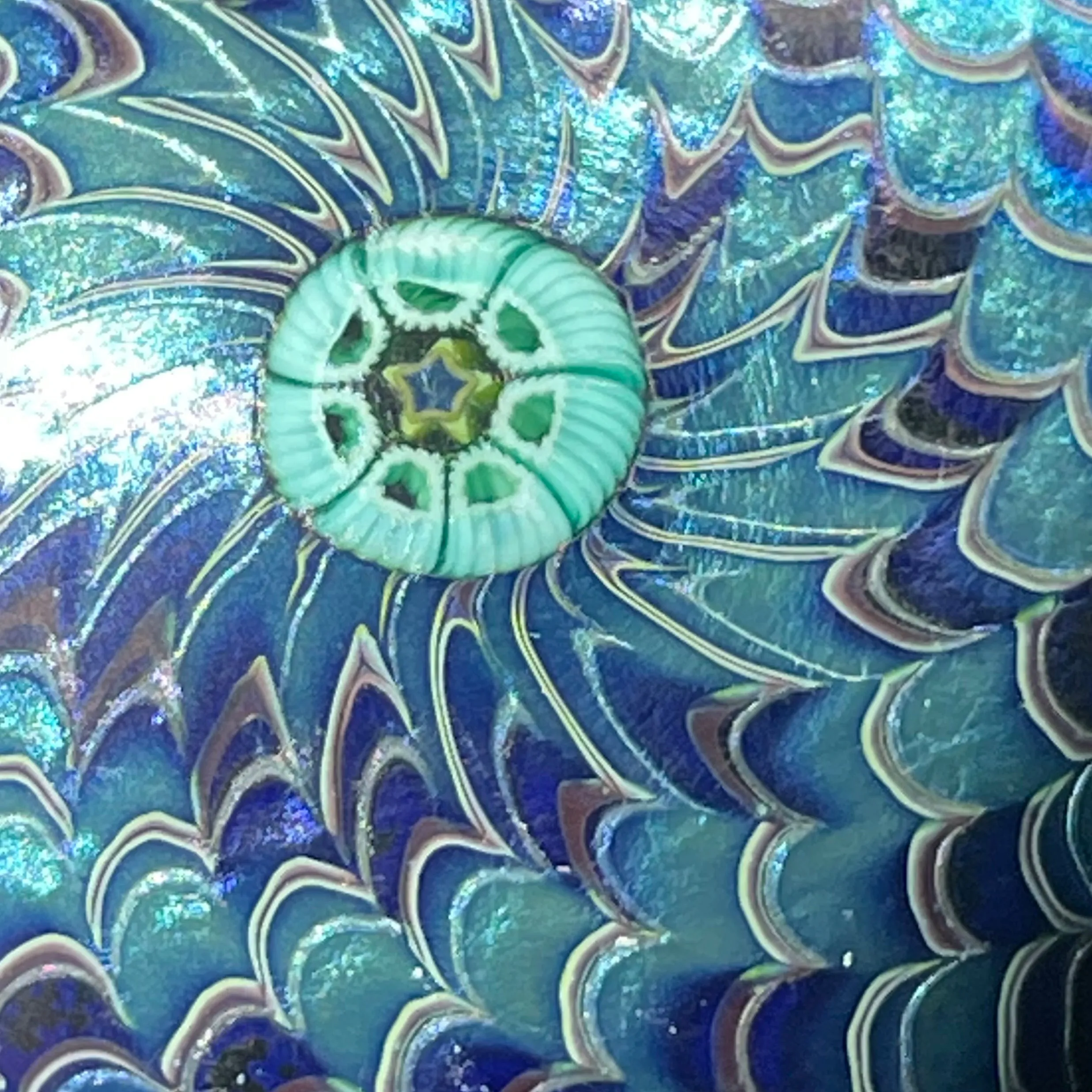 Orient & Flume 1978 Blue Iridescent Surface Decorated Torchwork Crown Style Paperweight