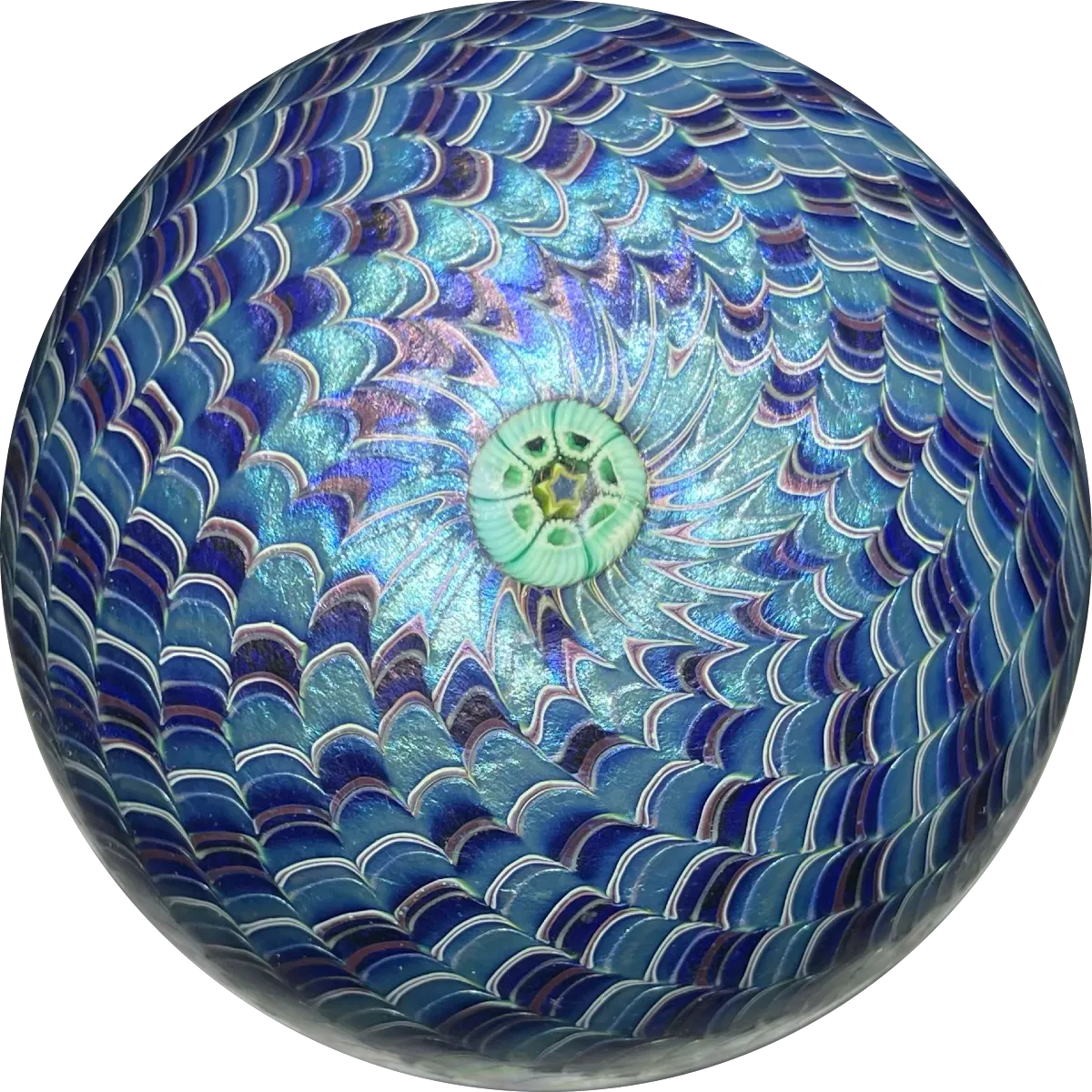 Orient & Flume 1978 Blue Iridescent Surface Decorated Torchwork Crown Style Paperweight