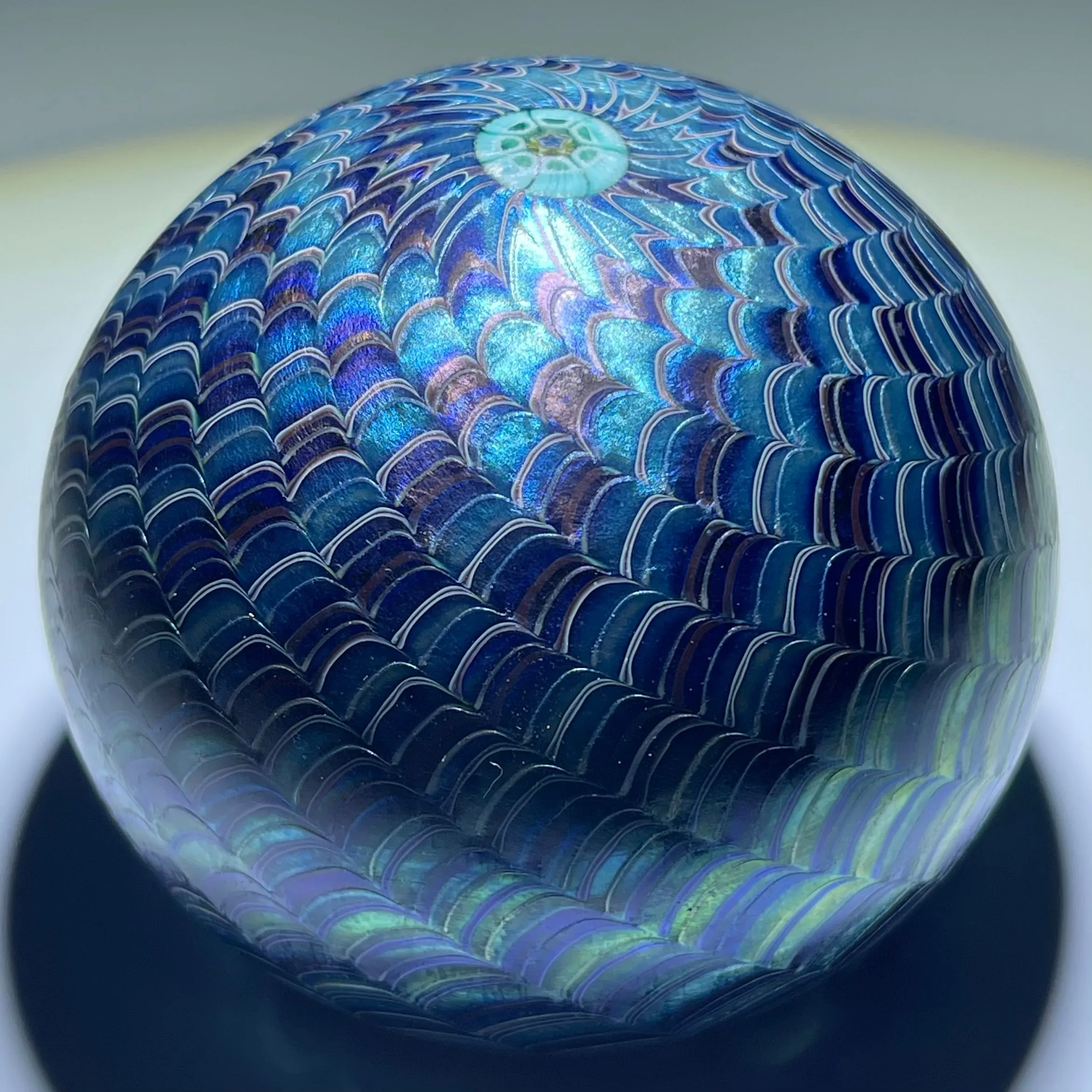 Orient & Flume 1978 Blue Iridescent Surface Decorated Torchwork Crown Style Paperweight