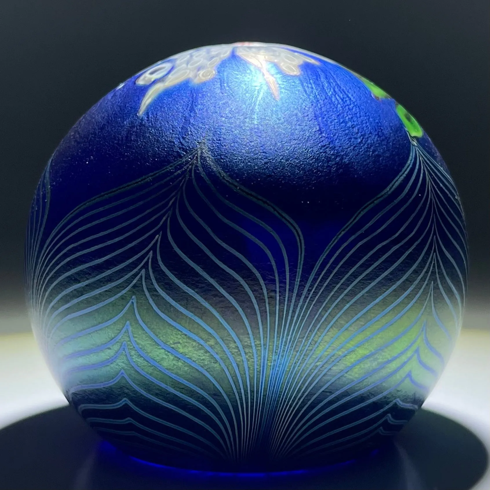 Orient & Flume 1981 Iridescent Torchwork Surface Decorated Flower on Blue Field