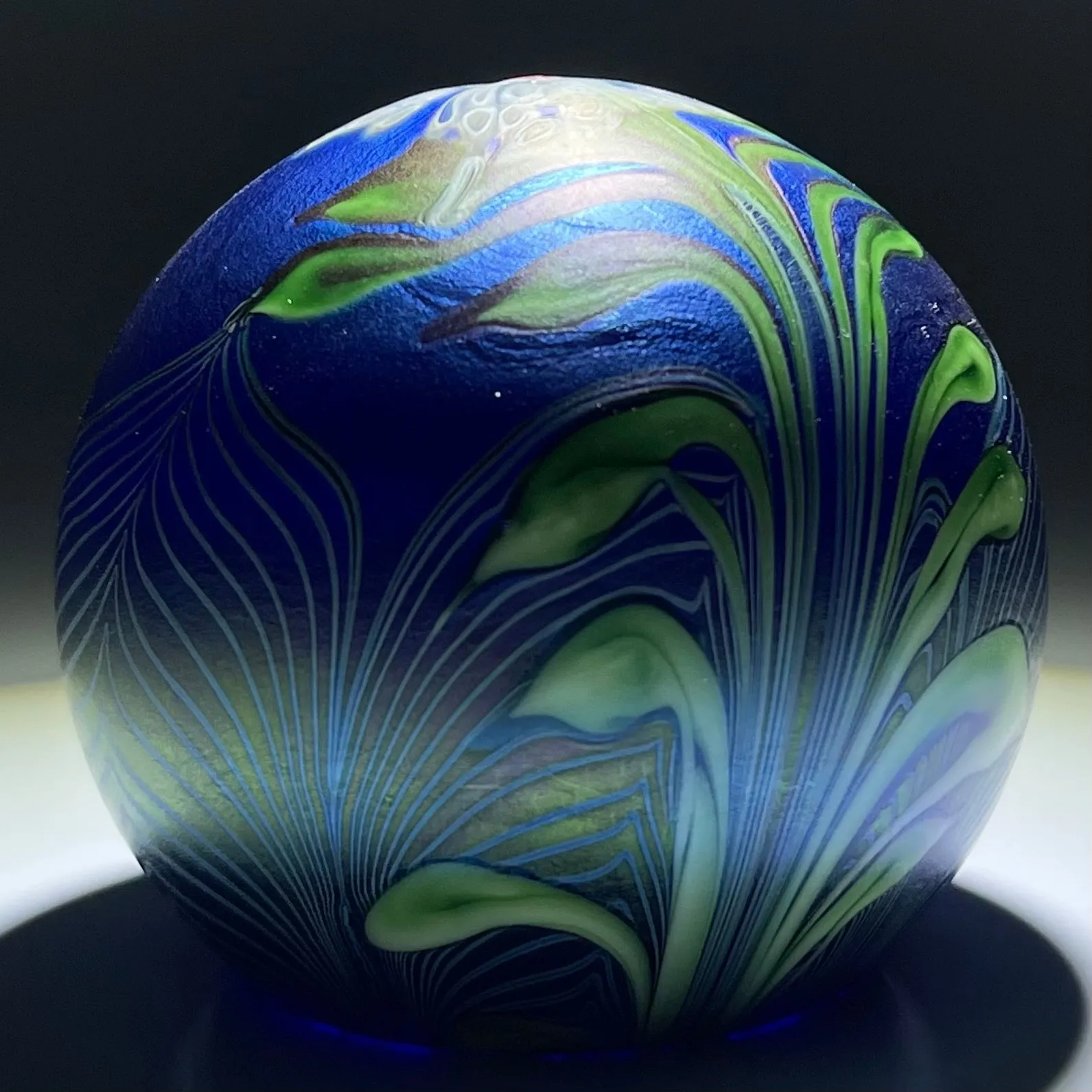 Orient & Flume 1981 Iridescent Torchwork Surface Decorated Flower on Blue Field