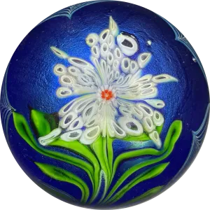 Orient & Flume 1981 Iridescent Torchwork Surface Decorated Flower on Blue Field