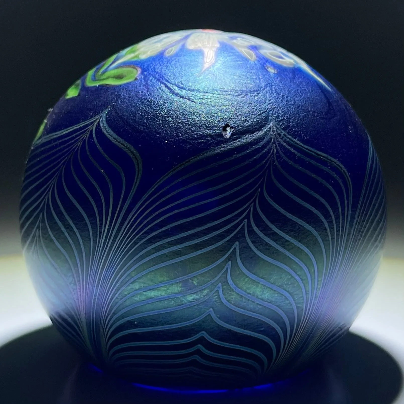 Orient & Flume 1981 Iridescent Torchwork Surface Decorated Flower on Blue Field