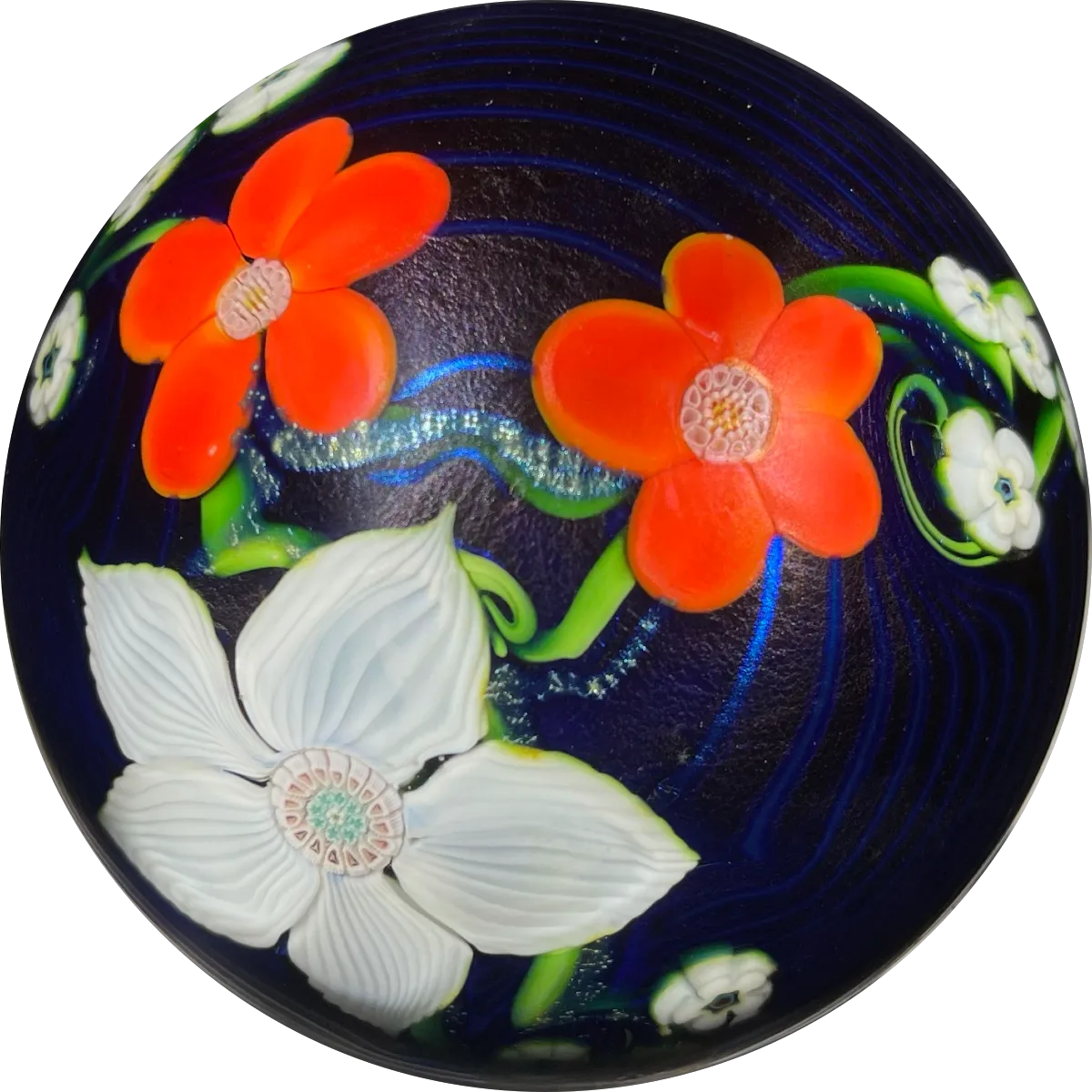 Orient & Flume 1982 Iridescent Torchwork Surface Decorated Flowers on Blue Field
