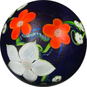 Orient & Flume 1982 Iridescent Torchwork Surface Decorated Flowers on Blue Field