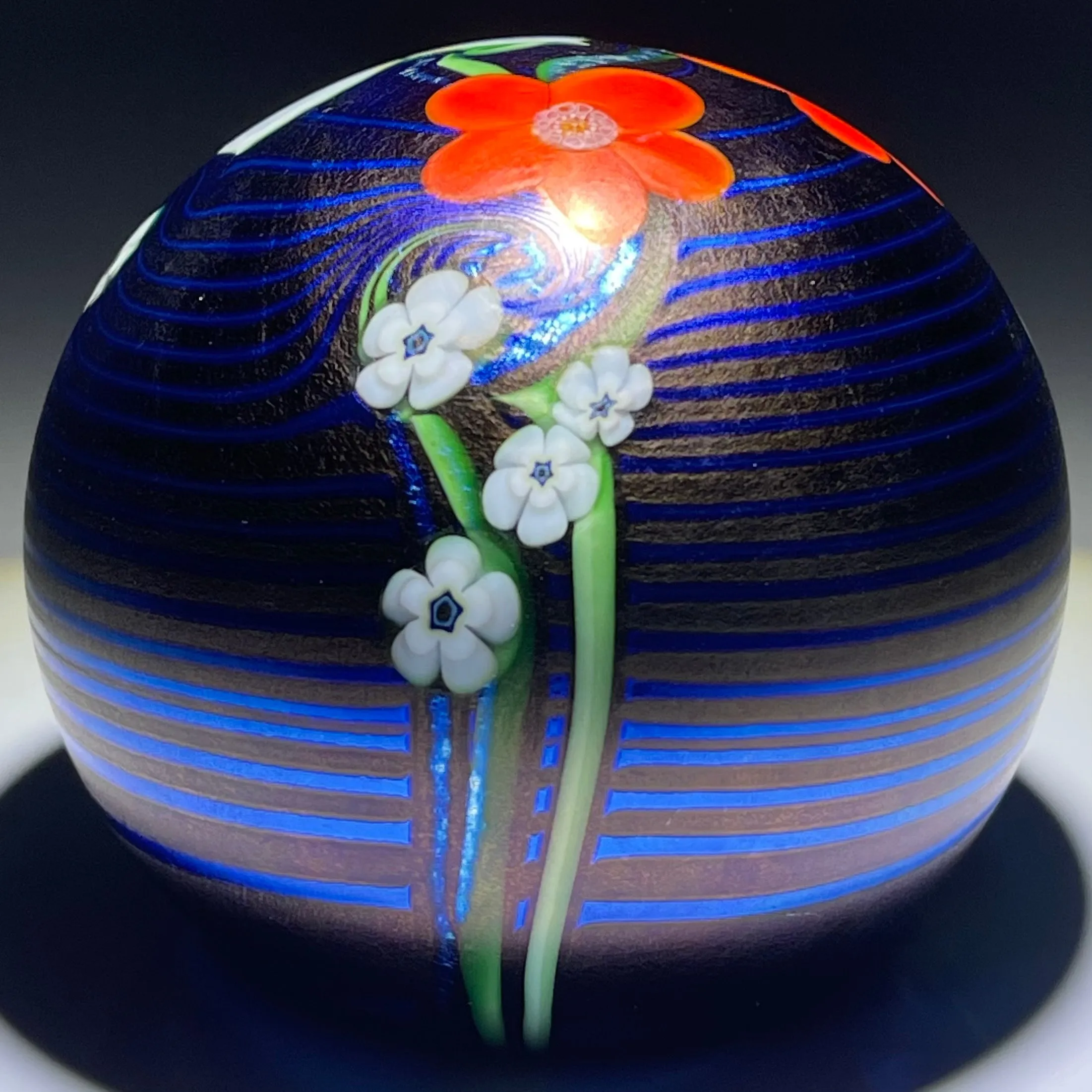 Orient & Flume 1982 Iridescent Torchwork Surface Decorated Flowers on Blue Field