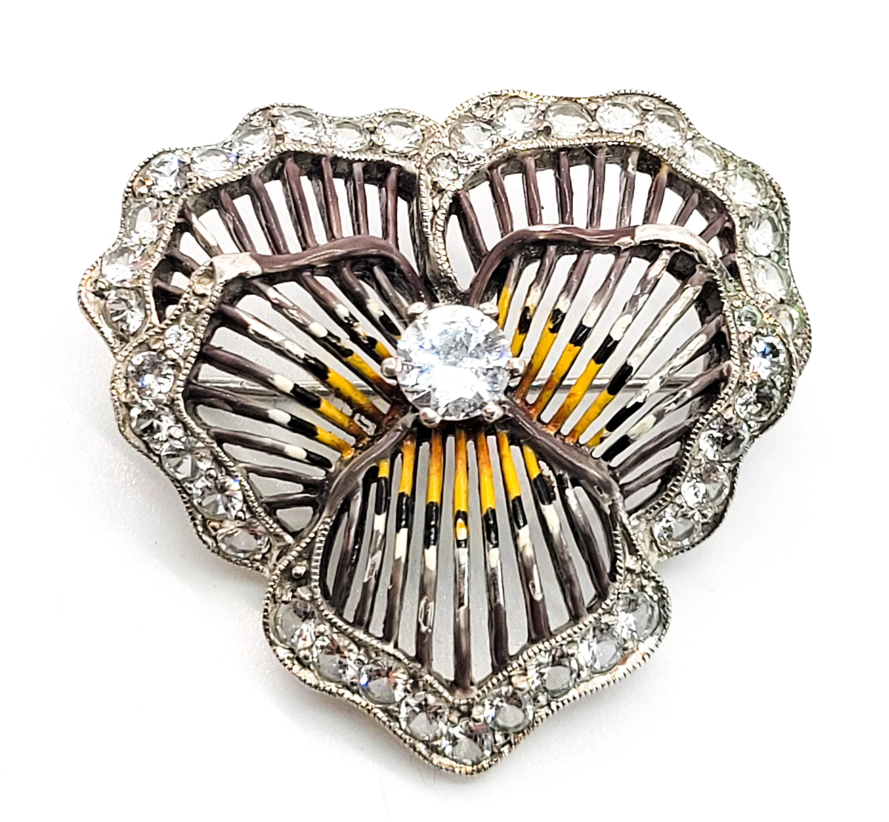 Pansy sterling silver enamel Rock Crystal quartz gemstone vintage brooch