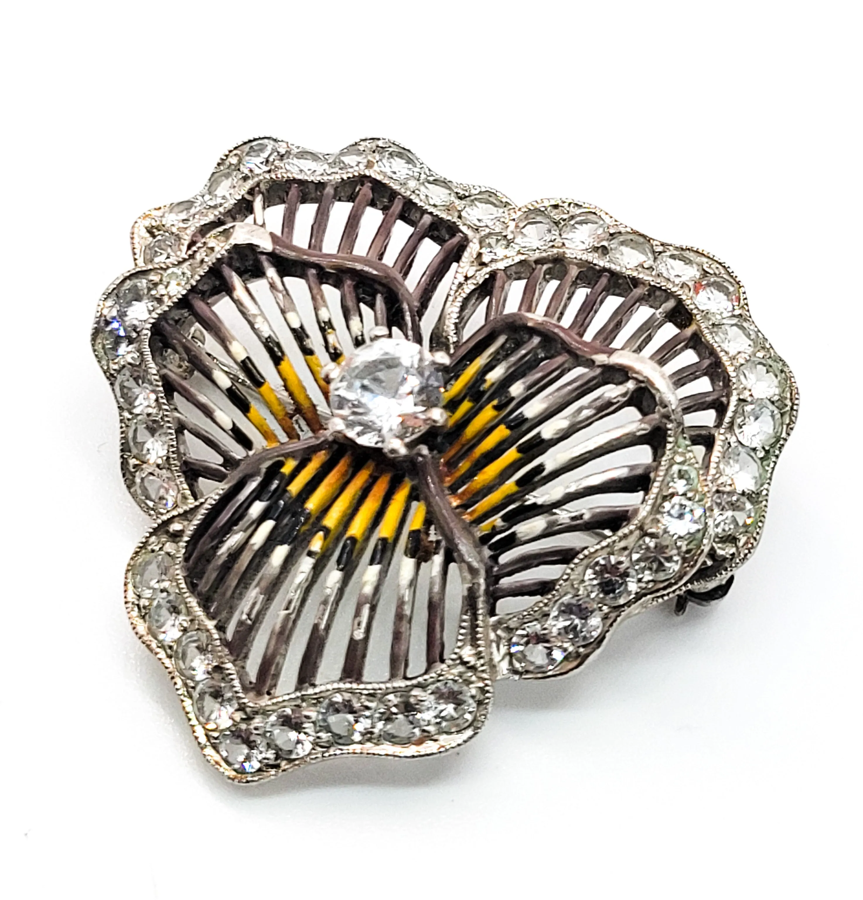 Pansy sterling silver enamel Rock Crystal quartz gemstone vintage brooch