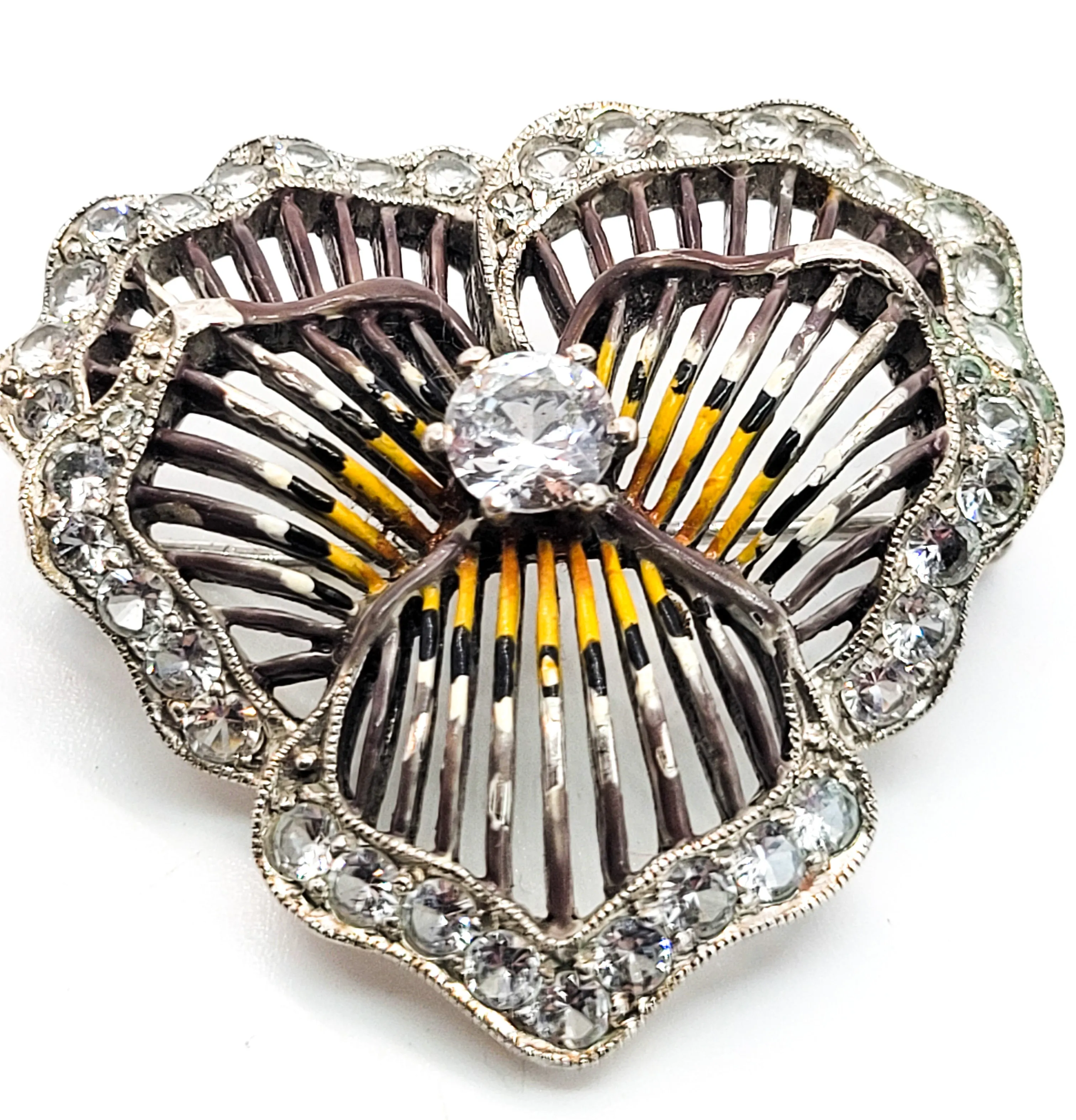 Pansy sterling silver enamel Rock Crystal quartz gemstone vintage brooch
