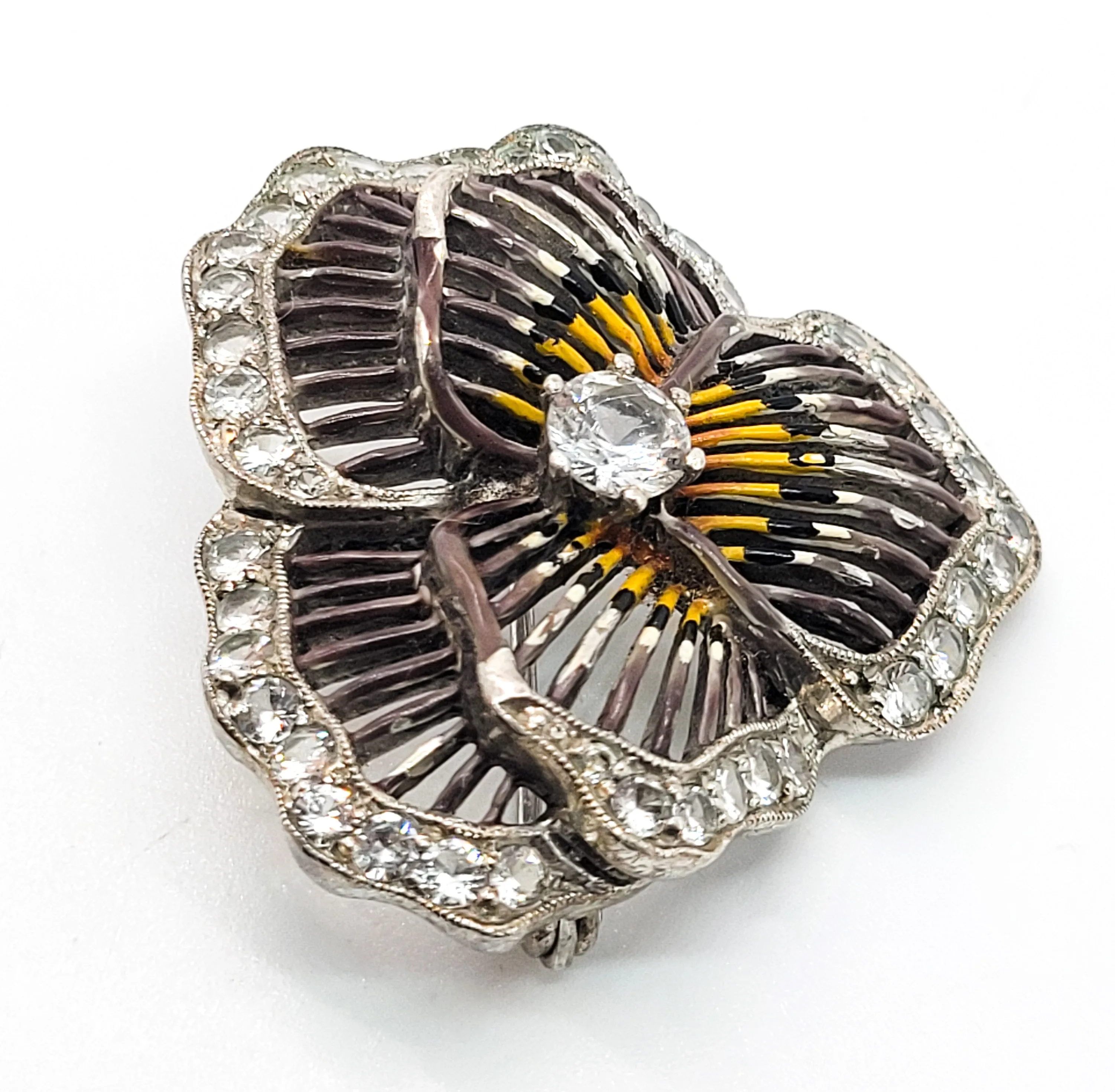 Pansy sterling silver enamel Rock Crystal quartz gemstone vintage brooch
