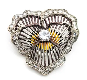 Pansy sterling silver enamel Rock Crystal quartz gemstone vintage brooch