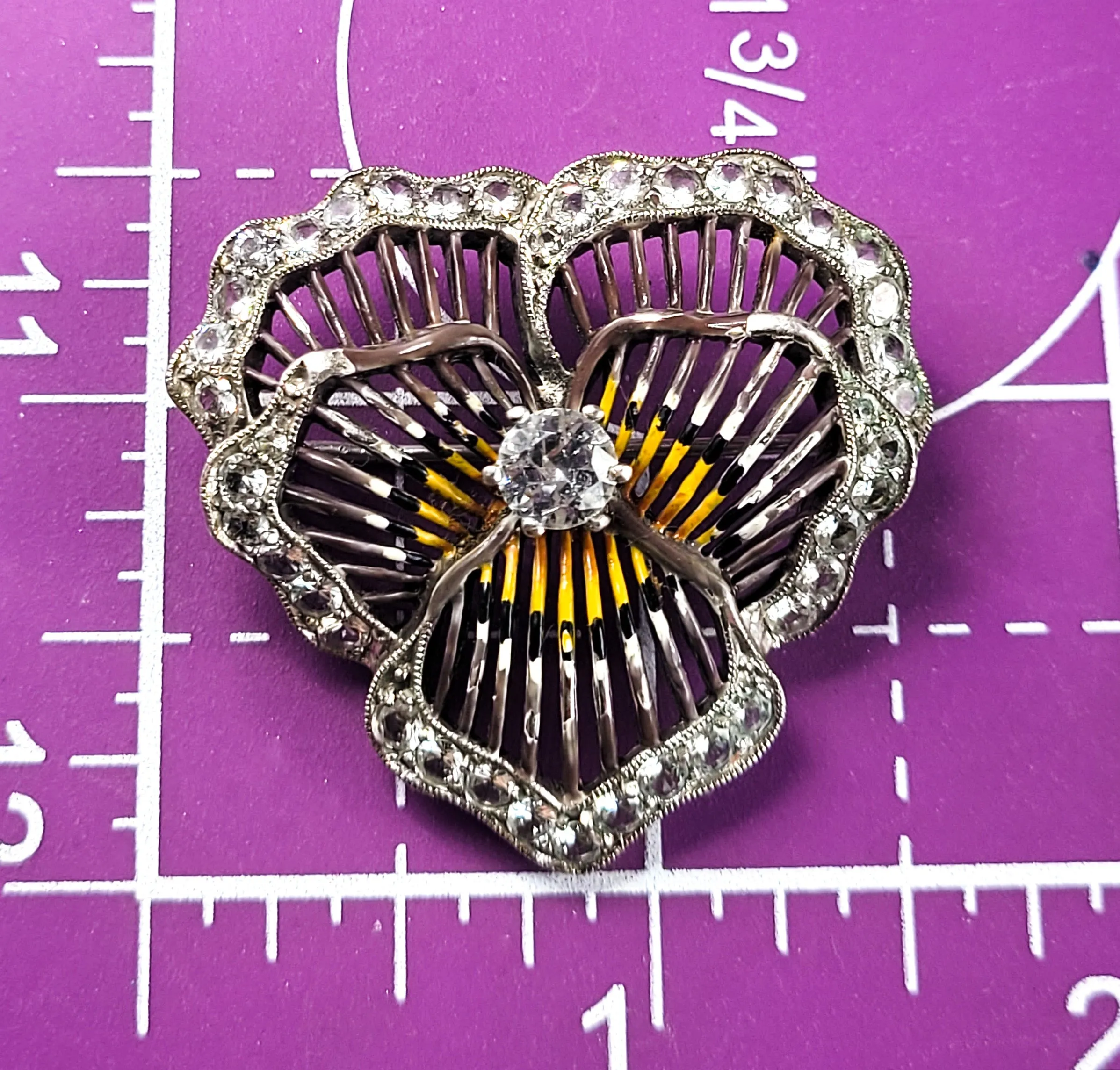 Pansy sterling silver enamel Rock Crystal quartz gemstone vintage brooch