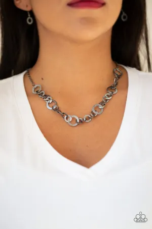 Paparazzi " Move It On Over " Black Metal Textured Circle Chain Necklace Set