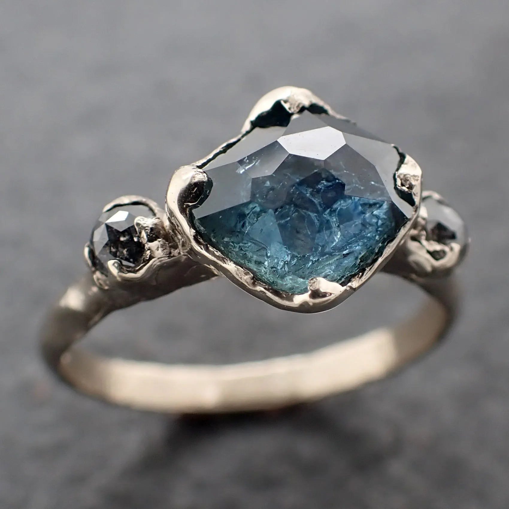 partially faceted blue montana sapphire and fancy diamonds 18k white gold engagement wedding ring custom gemstone ring multi stone ring 3166 Alternative Engagement