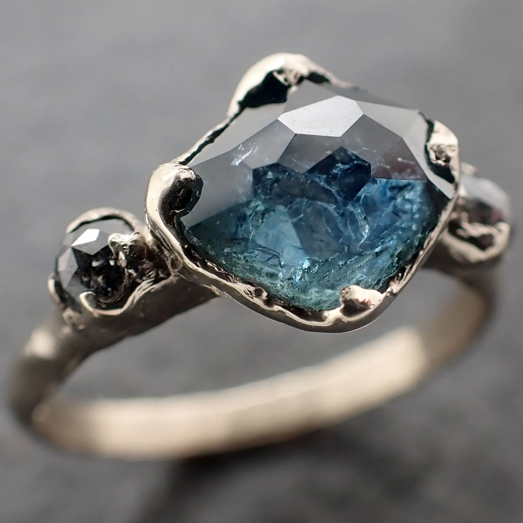 partially faceted blue montana sapphire and fancy diamonds 18k white gold engagement wedding ring custom gemstone ring multi stone ring 3166 Alternative Engagement