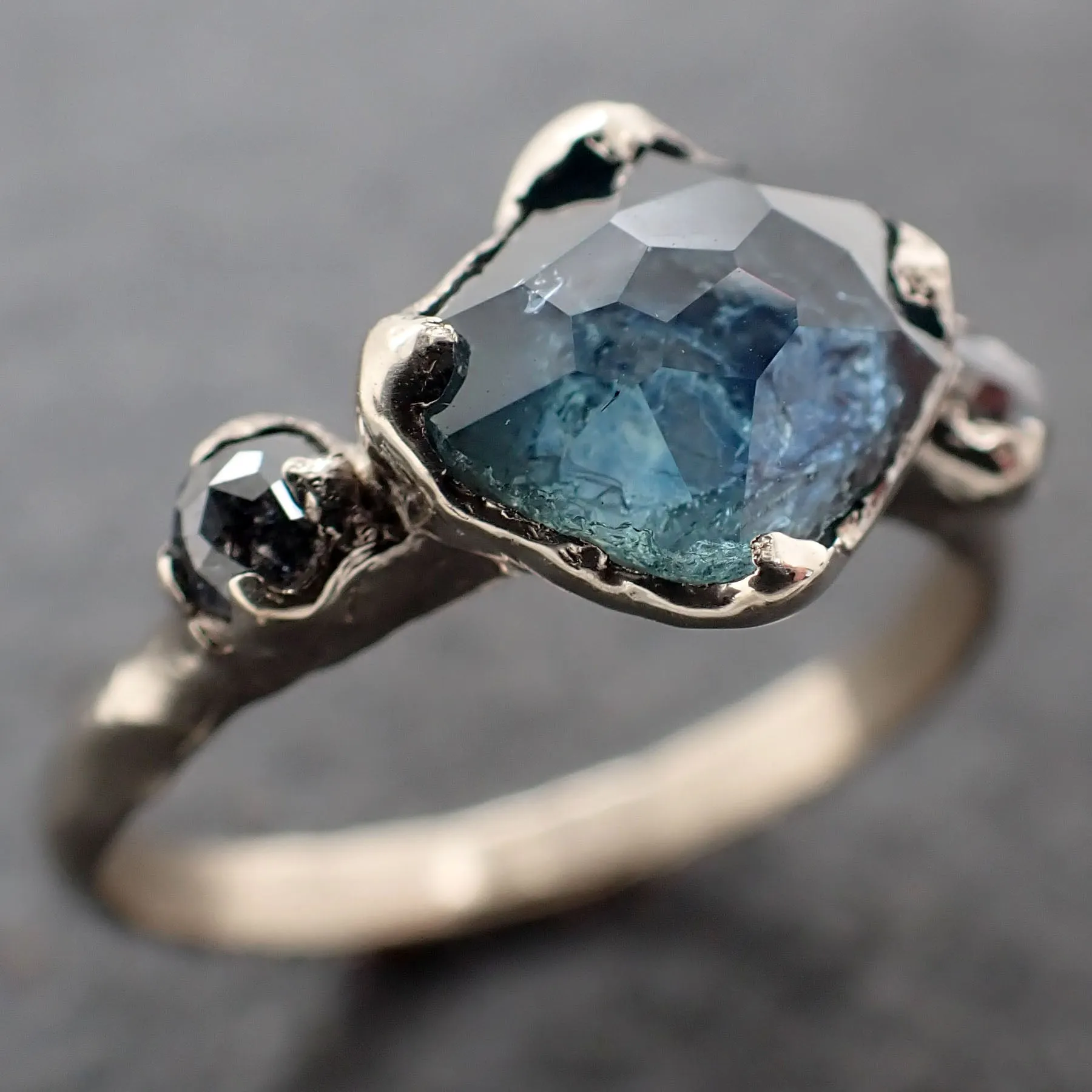 partially faceted blue montana sapphire and fancy diamonds 18k white gold engagement wedding ring custom gemstone ring multi stone ring 3166 Alternative Engagement