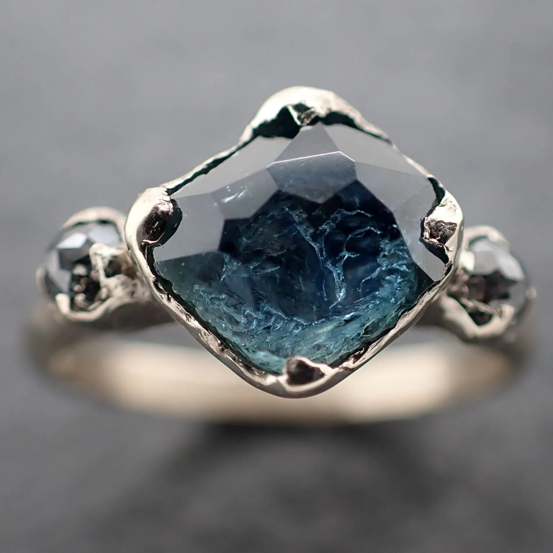 partially faceted blue montana sapphire and fancy diamonds 18k white gold engagement wedding ring custom gemstone ring multi stone ring 3166 Alternative Engagement