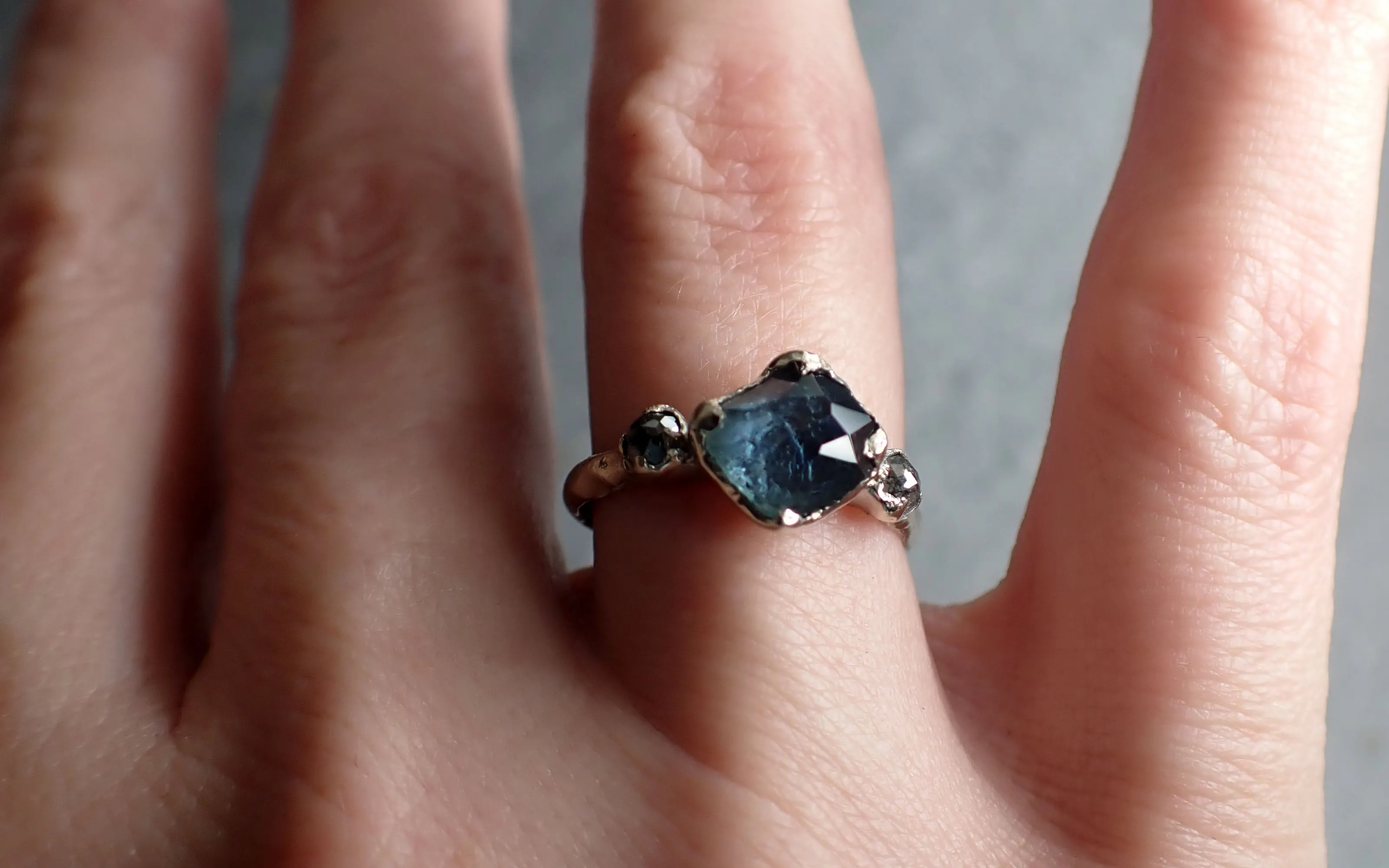 partially faceted blue montana sapphire and fancy diamonds 18k white gold engagement wedding ring custom gemstone ring multi stone ring 3166 Alternative Engagement