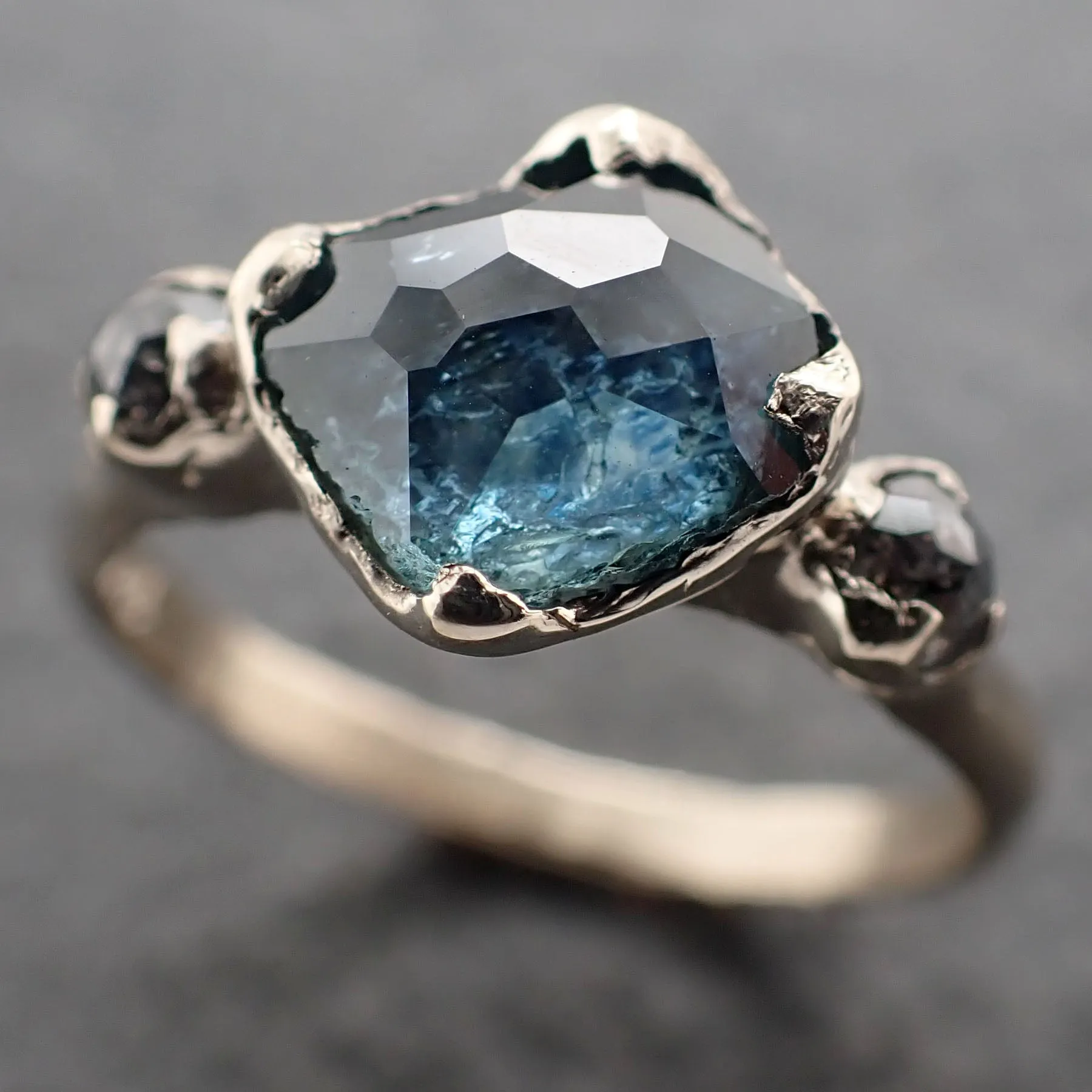 partially faceted blue montana sapphire and fancy diamonds 18k white gold engagement wedding ring custom gemstone ring multi stone ring 3166 Alternative Engagement