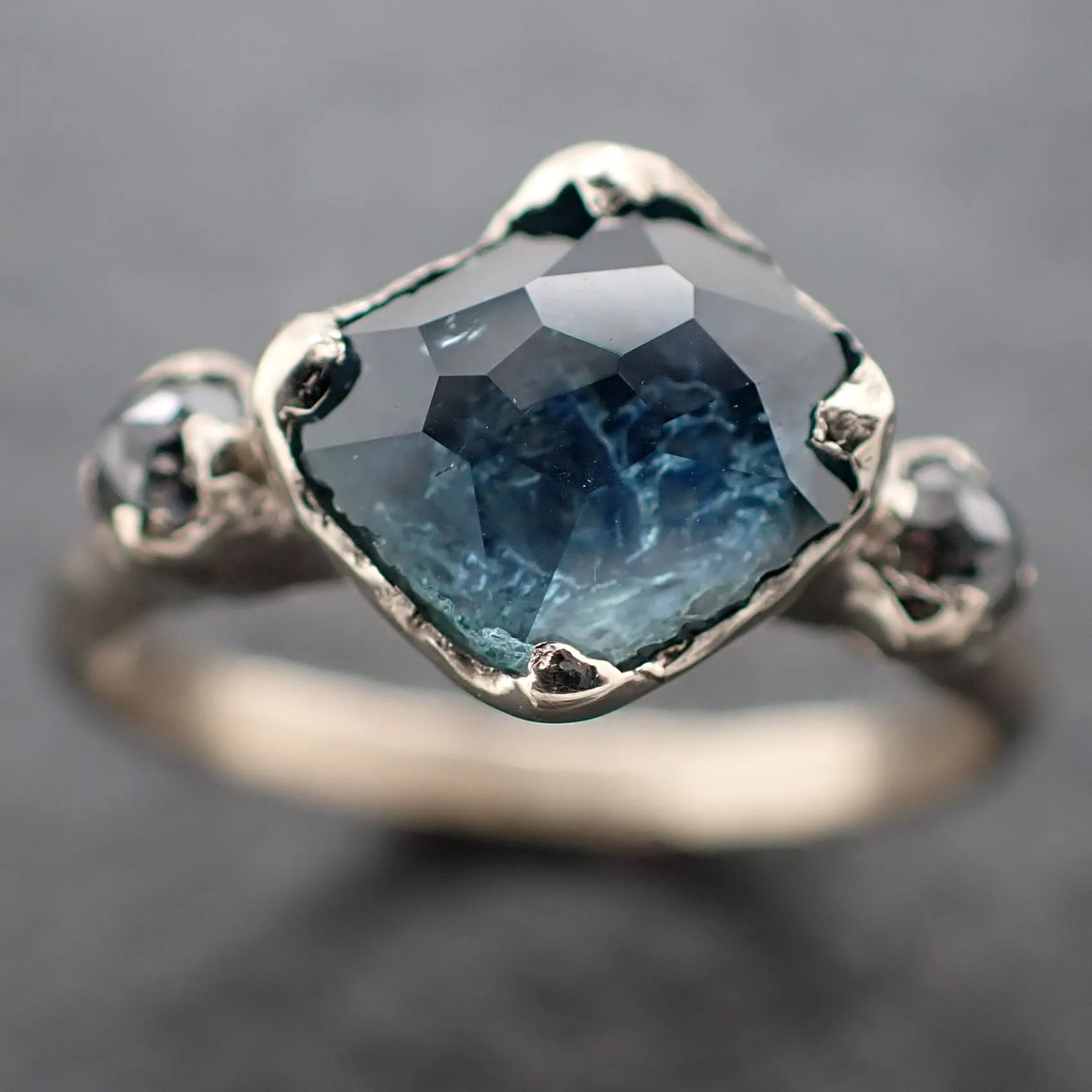 partially faceted blue montana sapphire and fancy diamonds 18k white gold engagement wedding ring custom gemstone ring multi stone ring 3166 Alternative Engagement