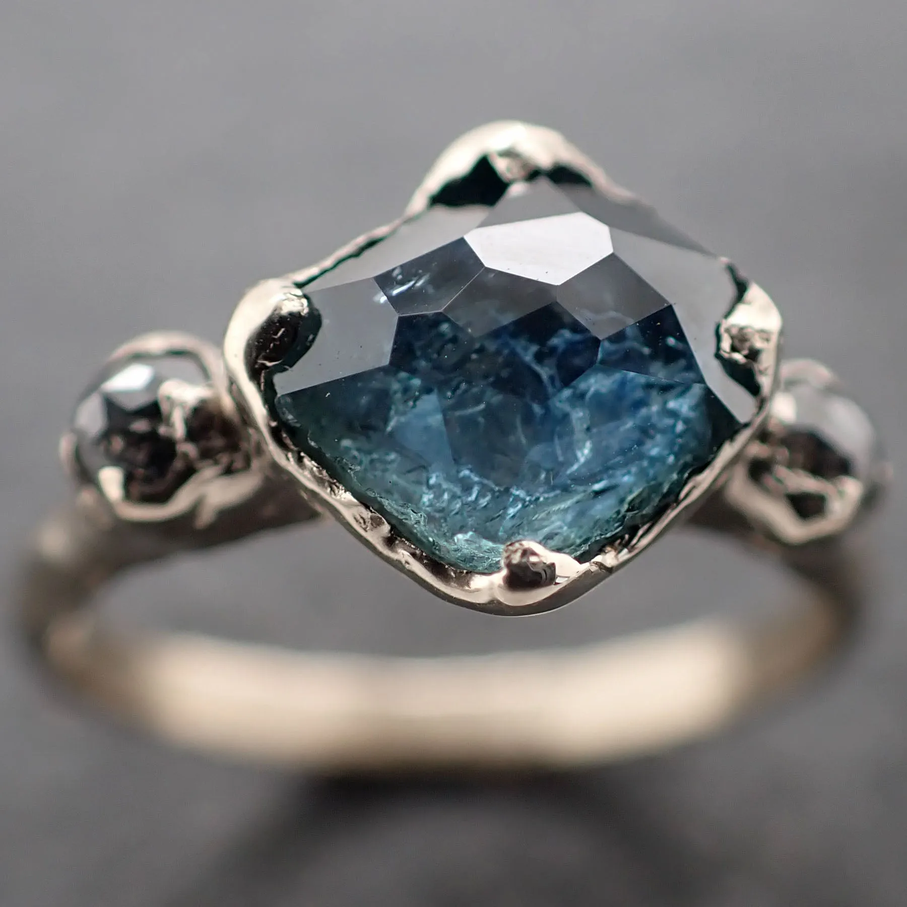 partially faceted blue montana sapphire and fancy diamonds 18k white gold engagement wedding ring custom gemstone ring multi stone ring 3166 Alternative Engagement