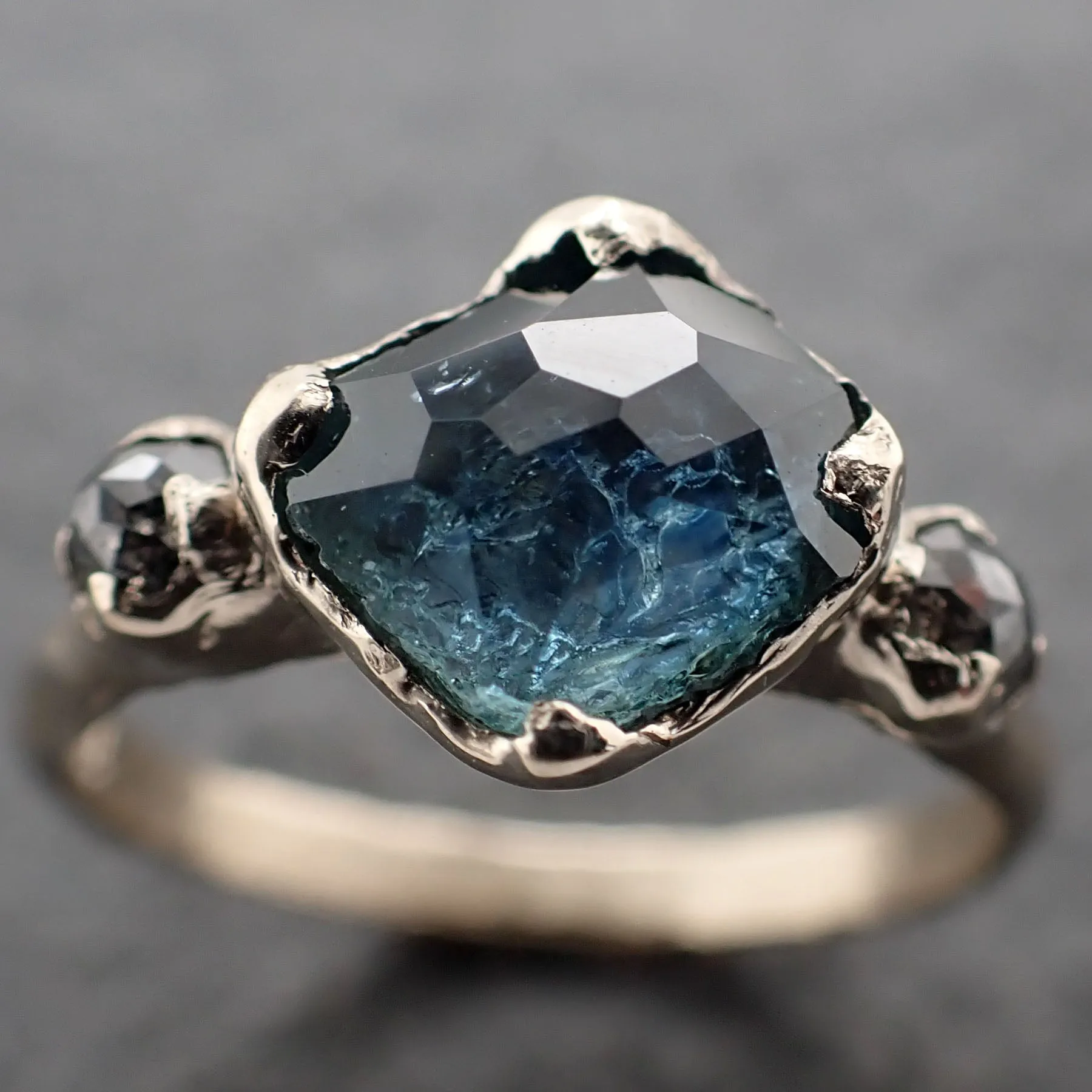 partially faceted blue montana sapphire and fancy diamonds 18k white gold engagement wedding ring custom gemstone ring multi stone ring 3166 Alternative Engagement