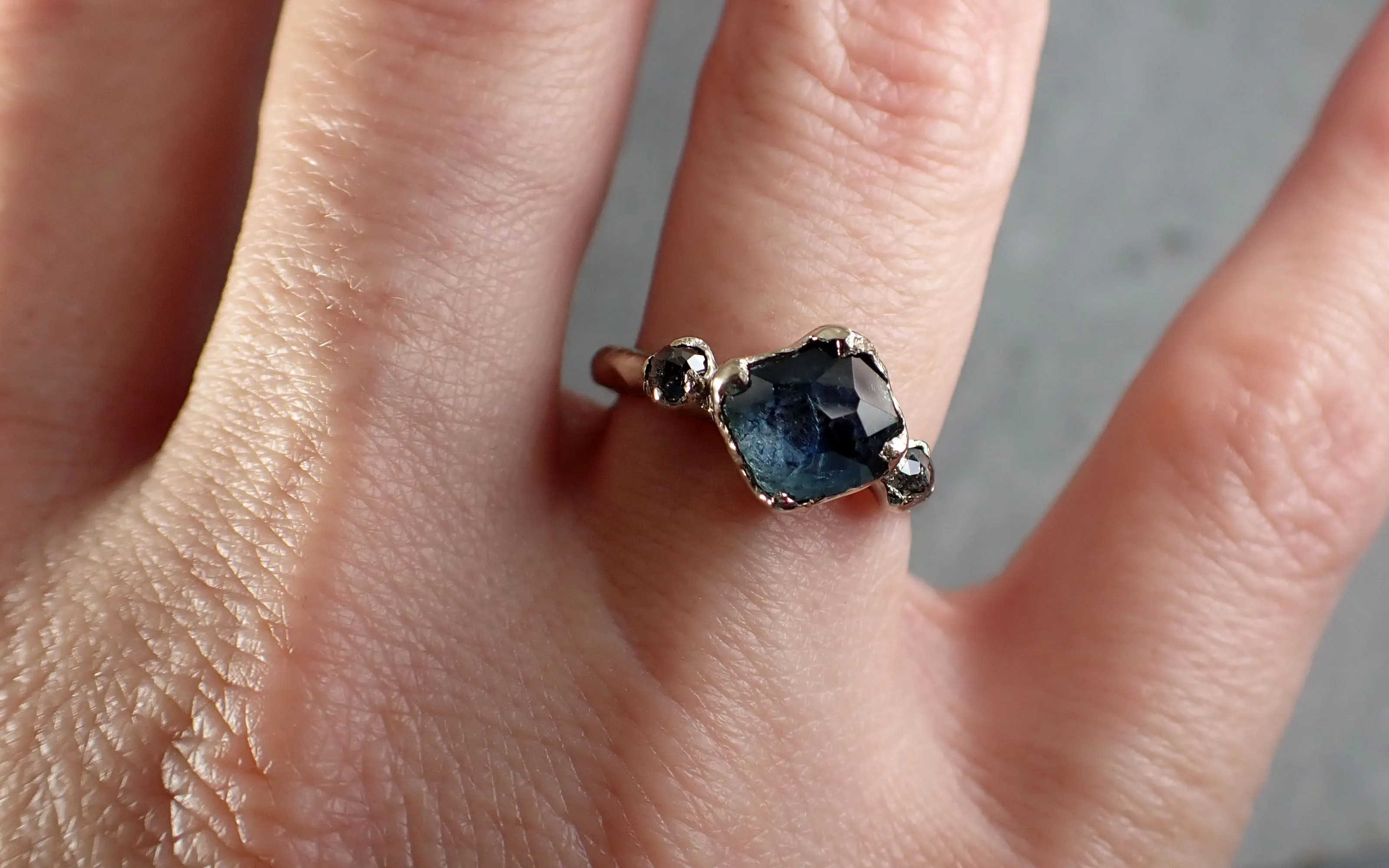 partially faceted blue montana sapphire and fancy diamonds 18k white gold engagement wedding ring custom gemstone ring multi stone ring 3166 Alternative Engagement
