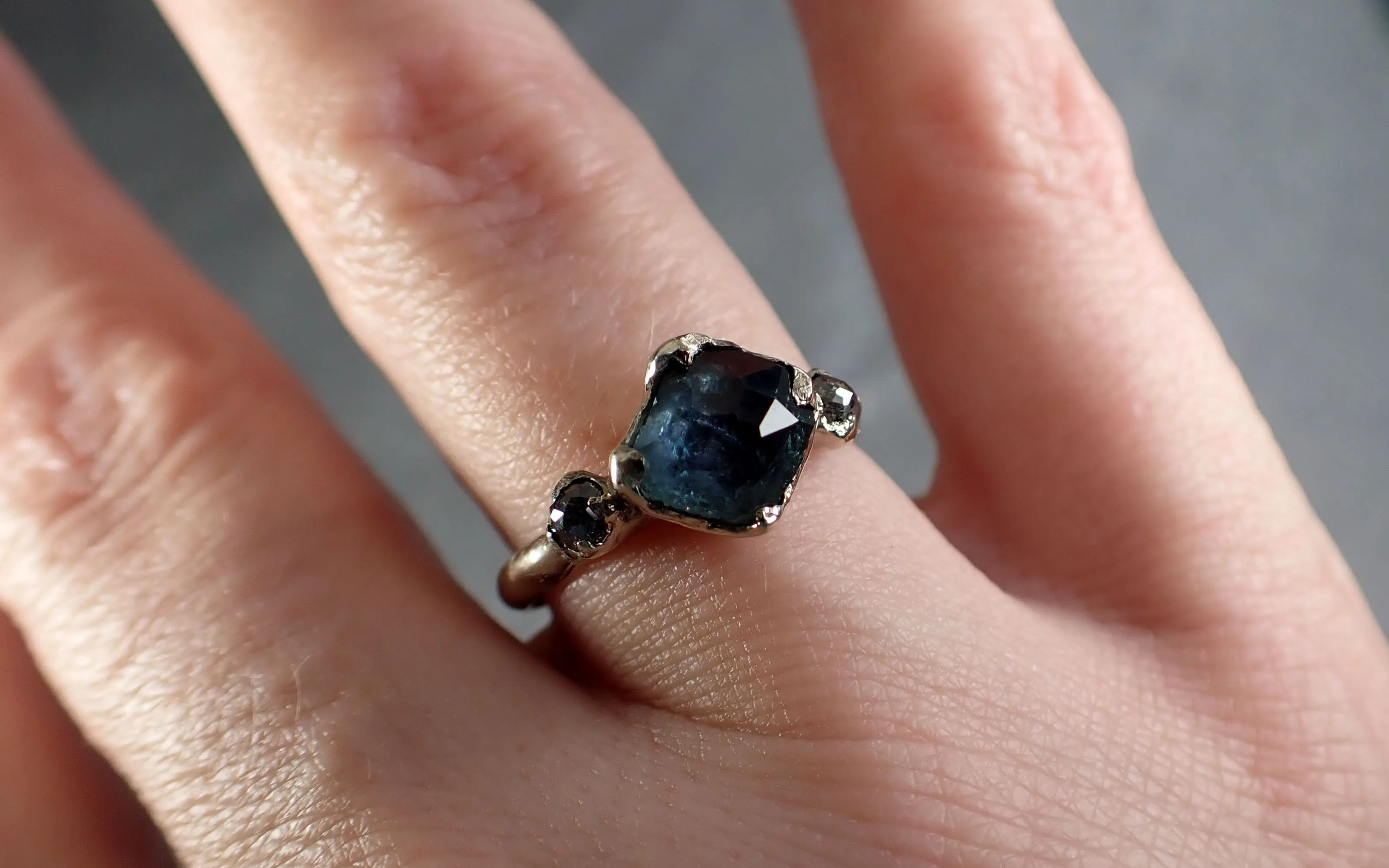 partially faceted blue montana sapphire and fancy diamonds 18k white gold engagement wedding ring custom gemstone ring multi stone ring 3166 Alternative Engagement