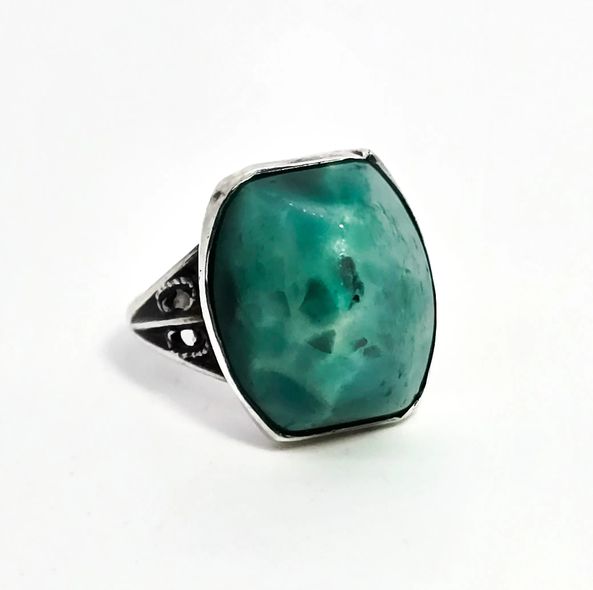 Peking Glass Antique Czech green glass sterling silver Art Deco ring size 4 and 1/2