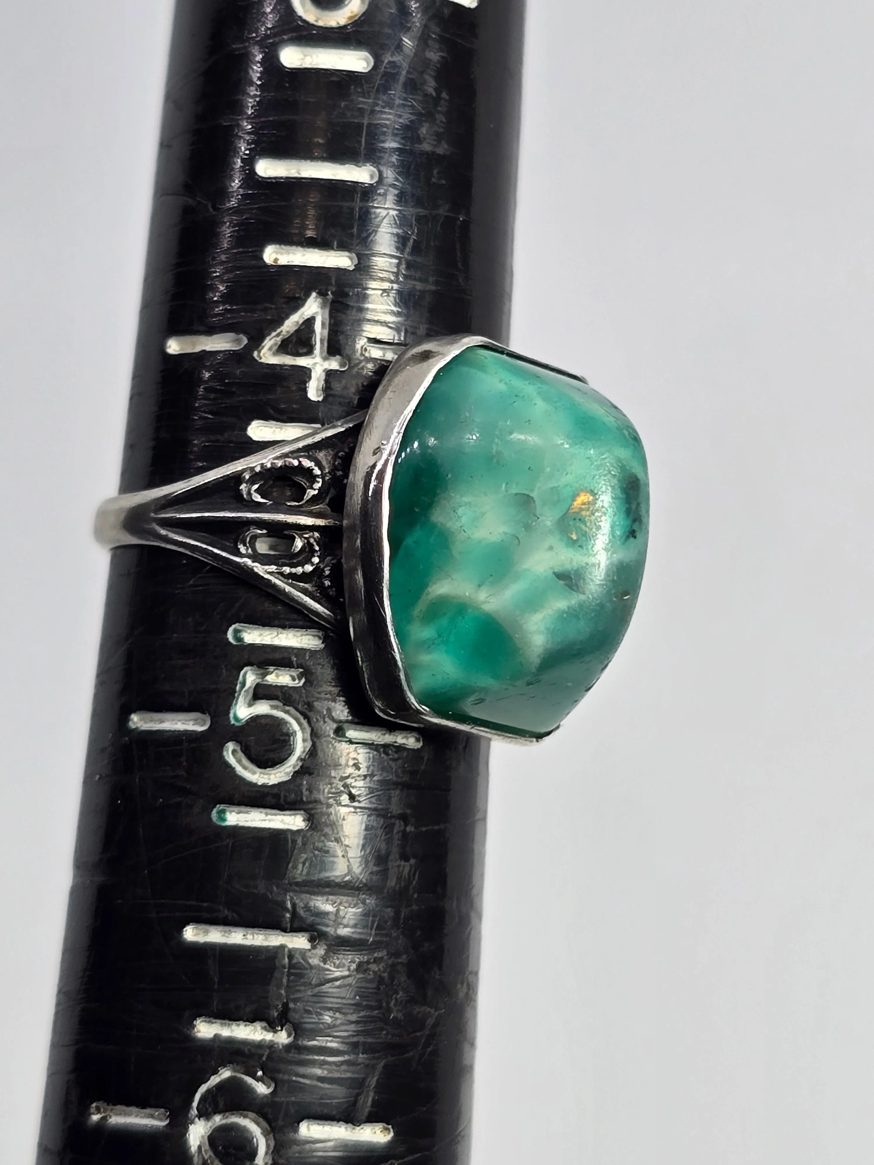 Peking Glass Antique Czech green glass sterling silver Art Deco ring size 4 and 1/2