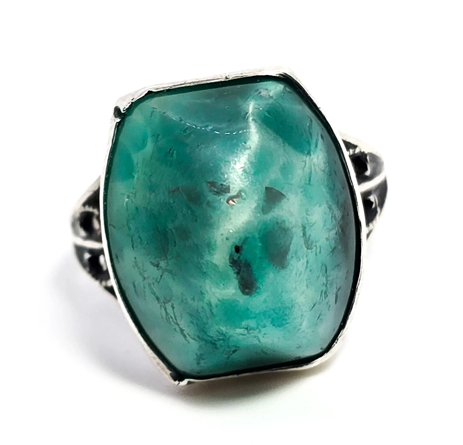 Peking Glass Antique Czech green glass sterling silver Art Deco ring size 4 and 1/2