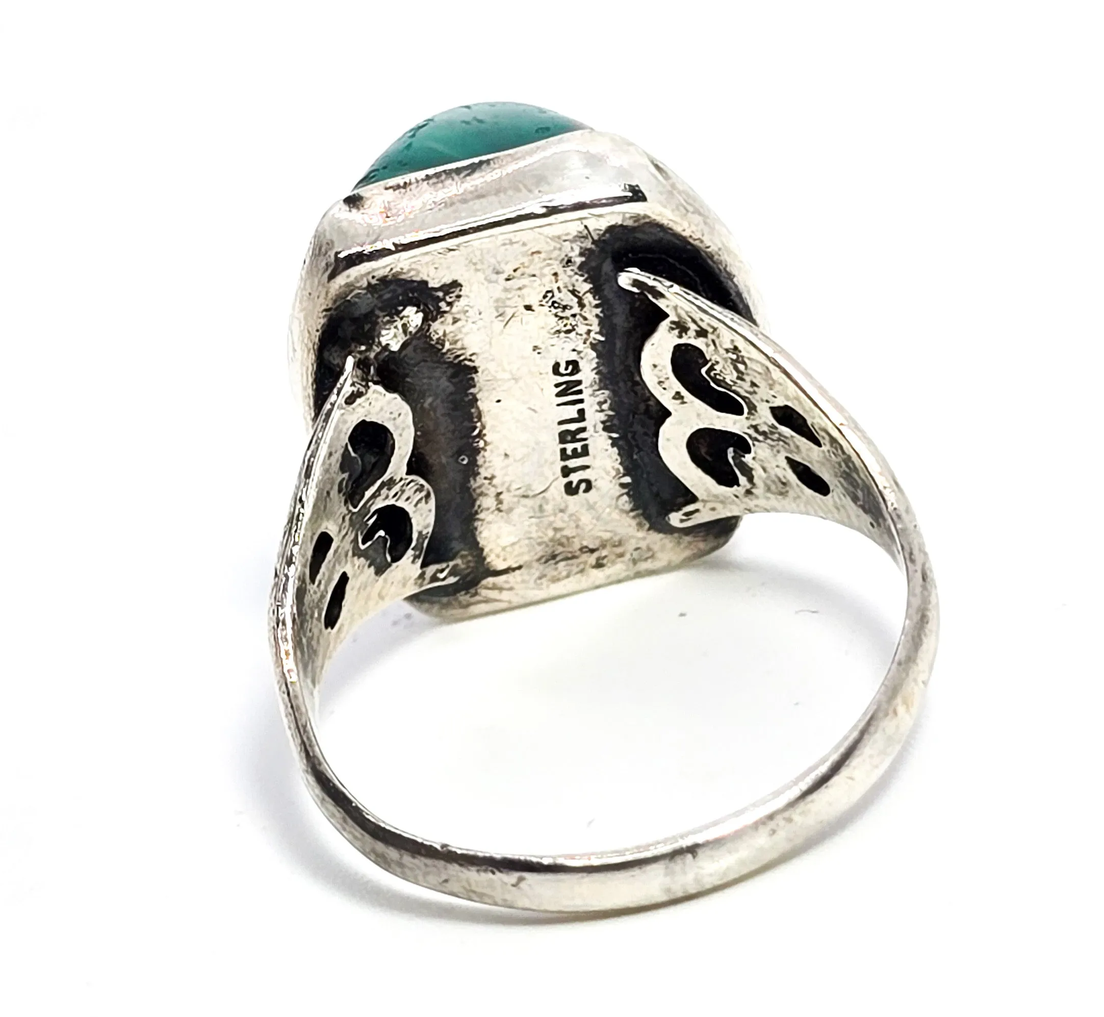 Peking Glass Antique Czech green glass sterling silver Art Deco ring size 4 and 1/2