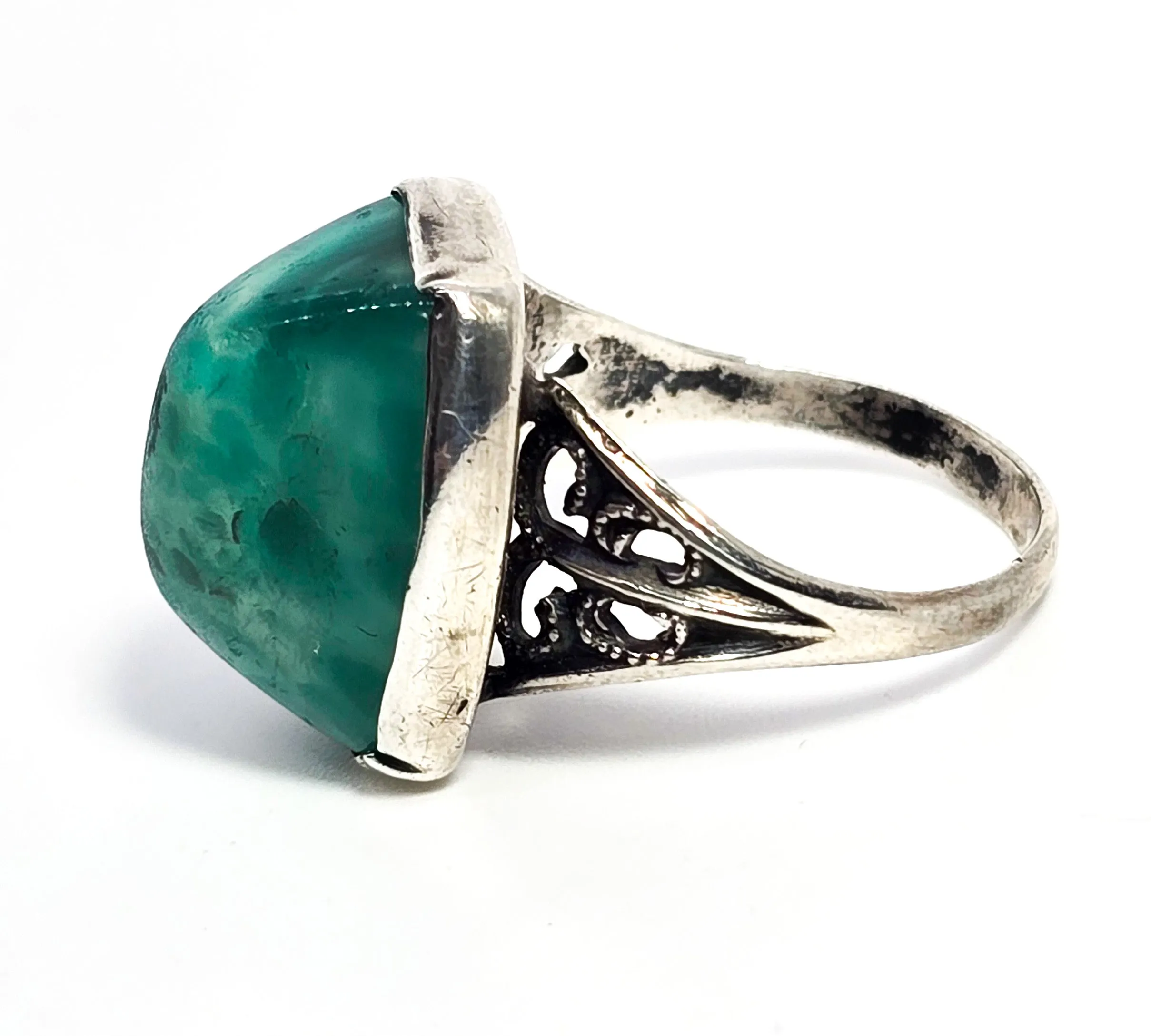 Peking Glass Antique Czech green glass sterling silver Art Deco ring size 4 and 1/2