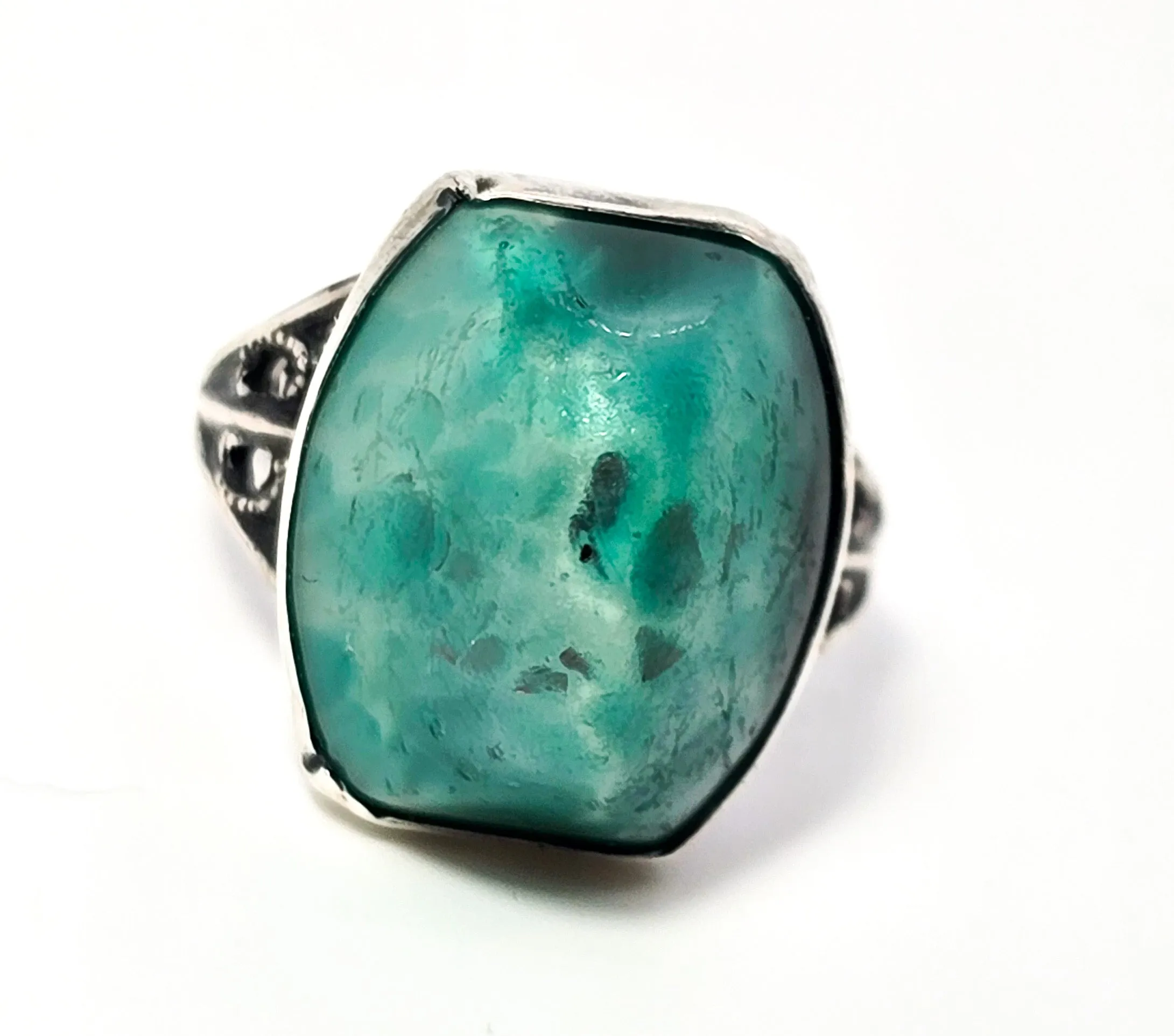 Peking Glass Antique Czech green glass sterling silver Art Deco ring size 4 and 1/2