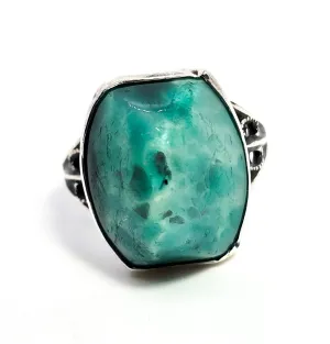 Peking Glass Antique Czech green glass sterling silver Art Deco ring size 4 and 1/2