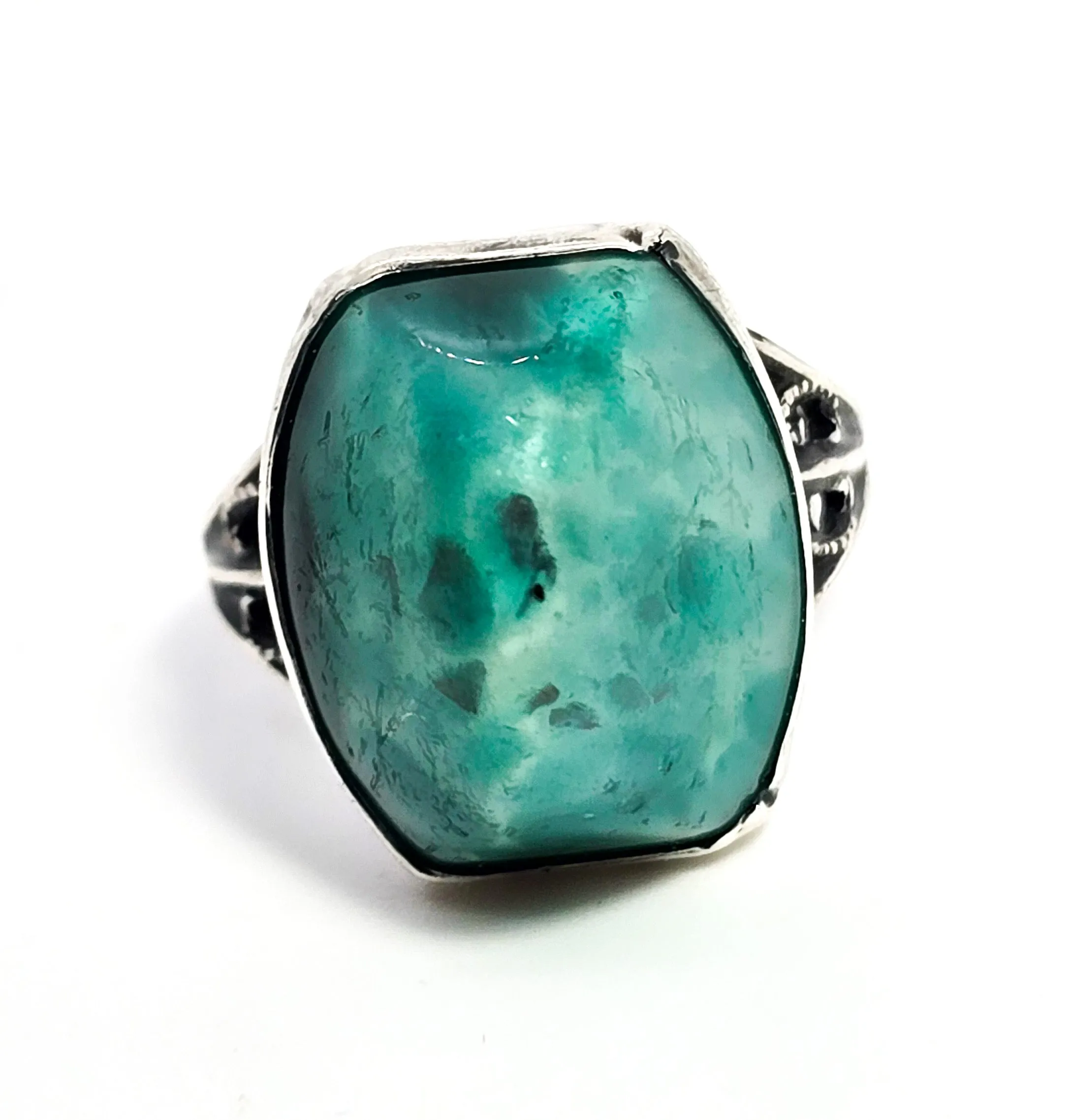 Peking Glass Antique Czech green glass sterling silver Art Deco ring size 4 and 1/2