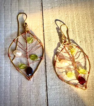 Peridot, Fresh Water Pearl & Rhodolite Garnet Leaf Earrings | Handcrafted Jewelry