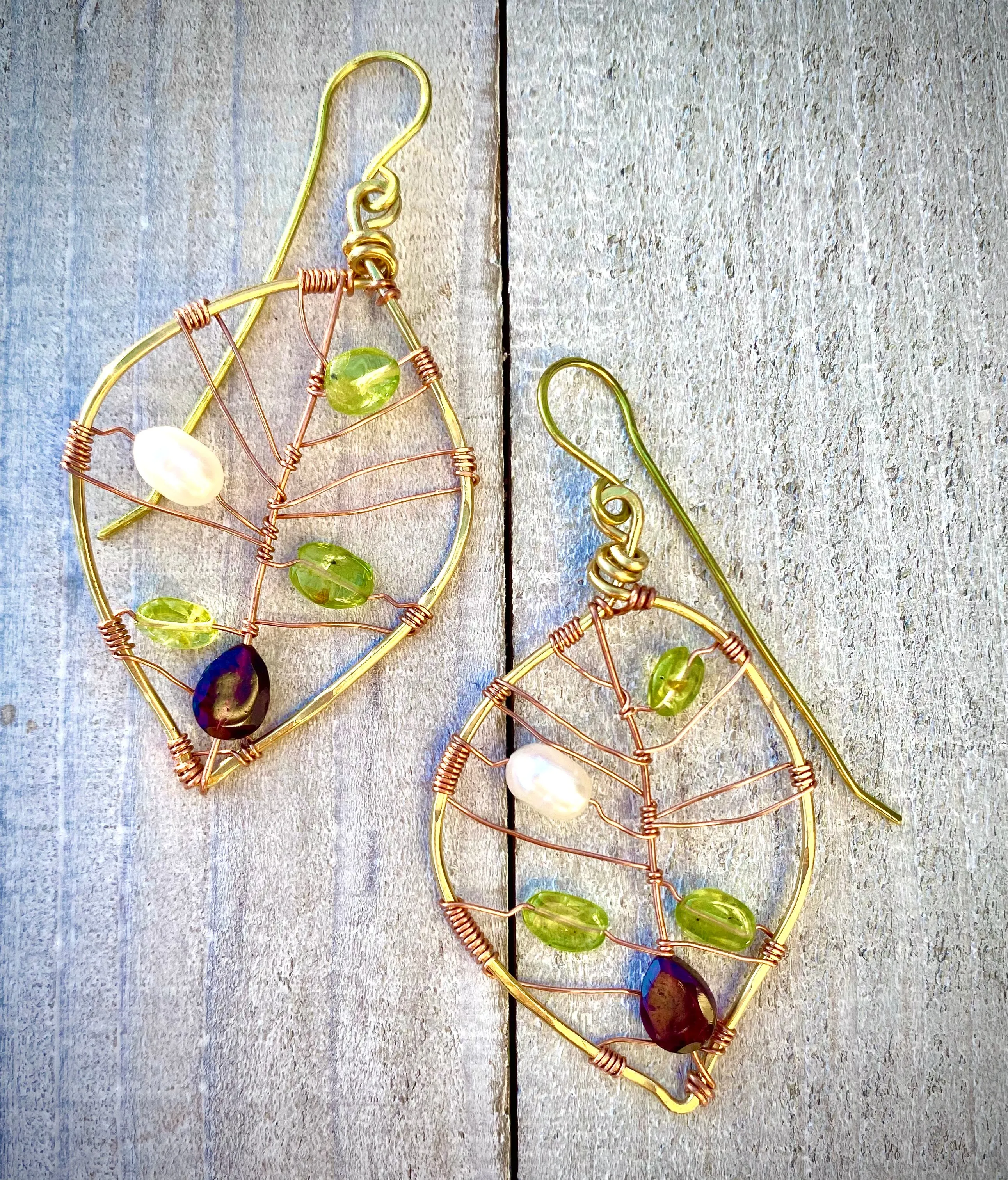 Peridot, Fresh Water Pearl & Rhodolite Garnet Leaf Earrings | Handcrafted Jewelry