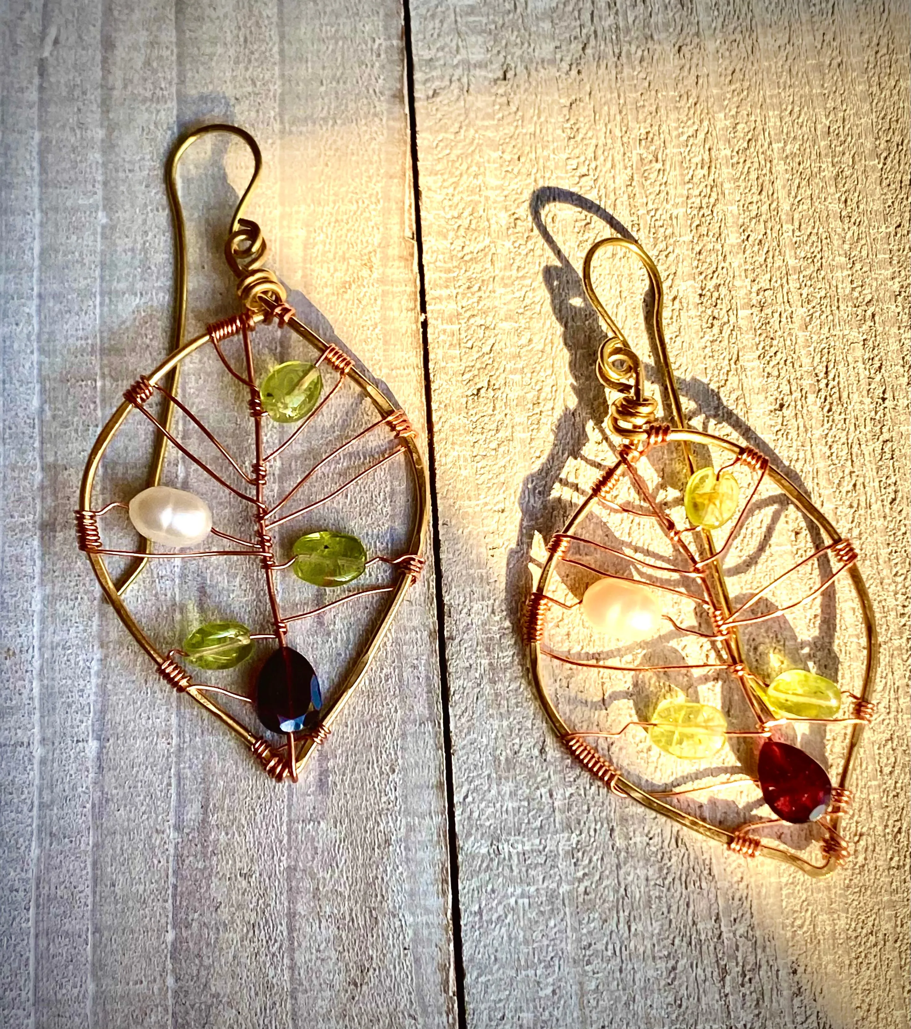 Peridot, Fresh Water Pearl & Rhodolite Garnet Leaf Earrings | Handcrafted Jewelry