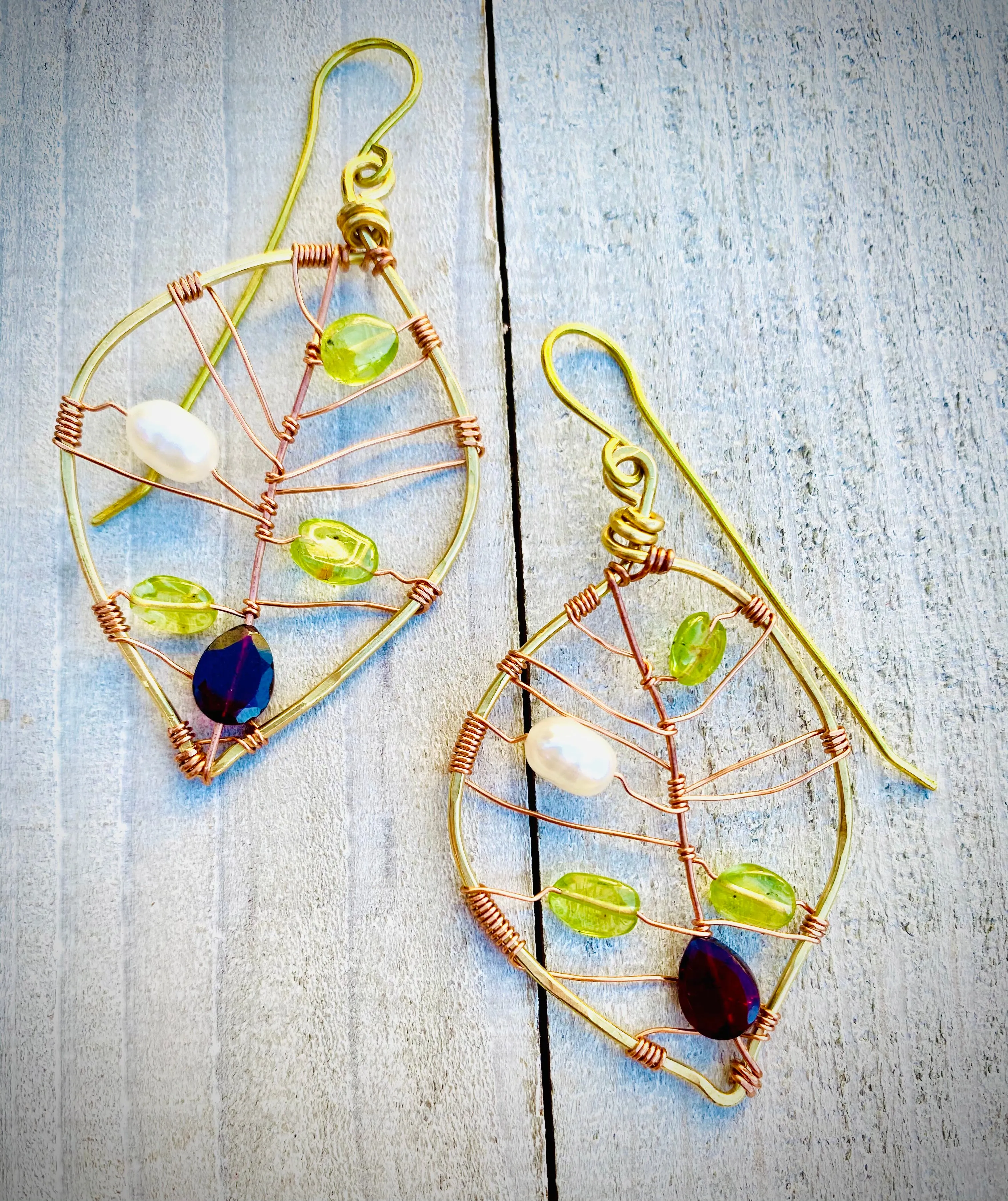 Peridot, Fresh Water Pearl & Rhodolite Garnet Leaf Earrings | Handcrafted Jewelry