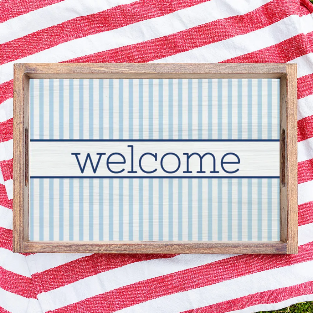 Personalized Light Blue Stripes Wooden Serving Tray