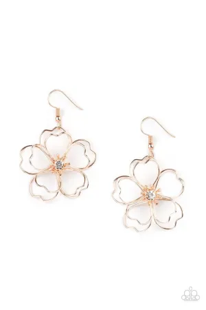 Petal Power - Rose Gold - Wire Heart Flower White Rhinestone Center Paparazzi Fishhook Earrings