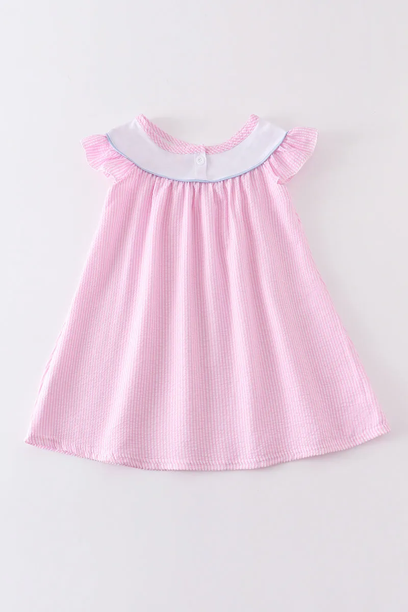 Pink seersucker animal embroidery dress