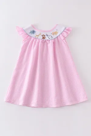 Pink seersucker animal embroidery dress